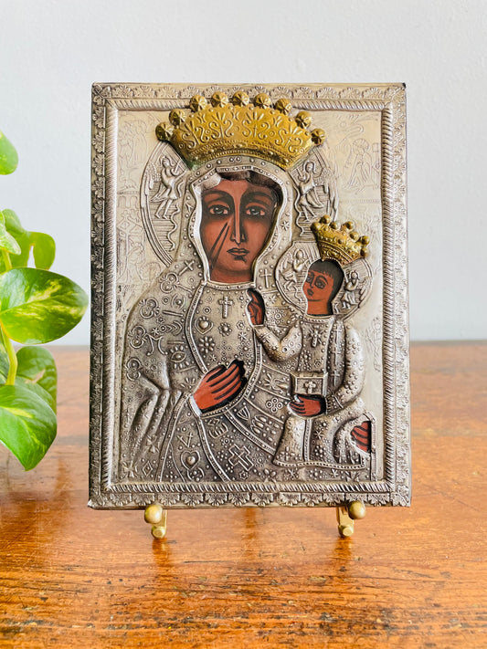 Vintage Black Madonna of Częstochowa / Our Lady of Częstochowa Embossed Metal Riza / Oklad Religious Hanging Plaque Picture with Mary & Jesus