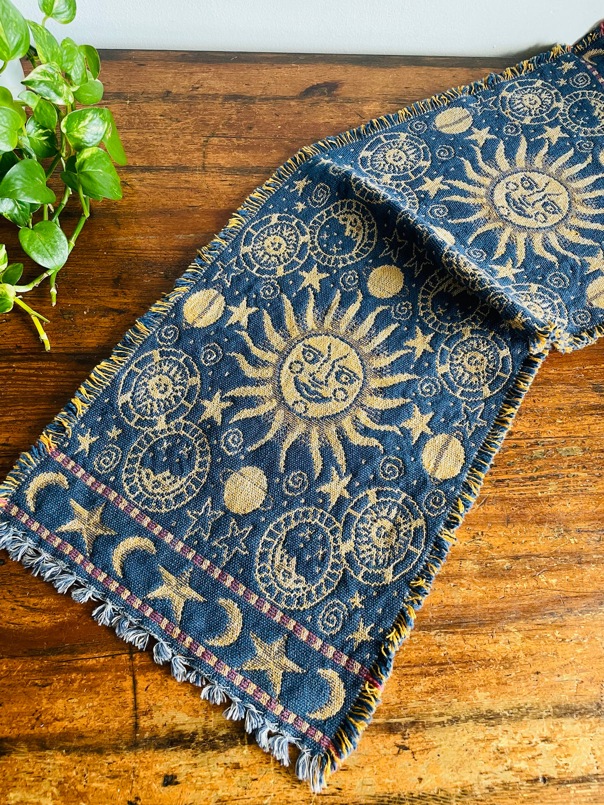 Vintage Blue & Yellow Reversible Celestial Tapestry Fabric Fringed 2.88 Feet Table Runner with Sun, Moon & Star Design - Whimsigoth Decor