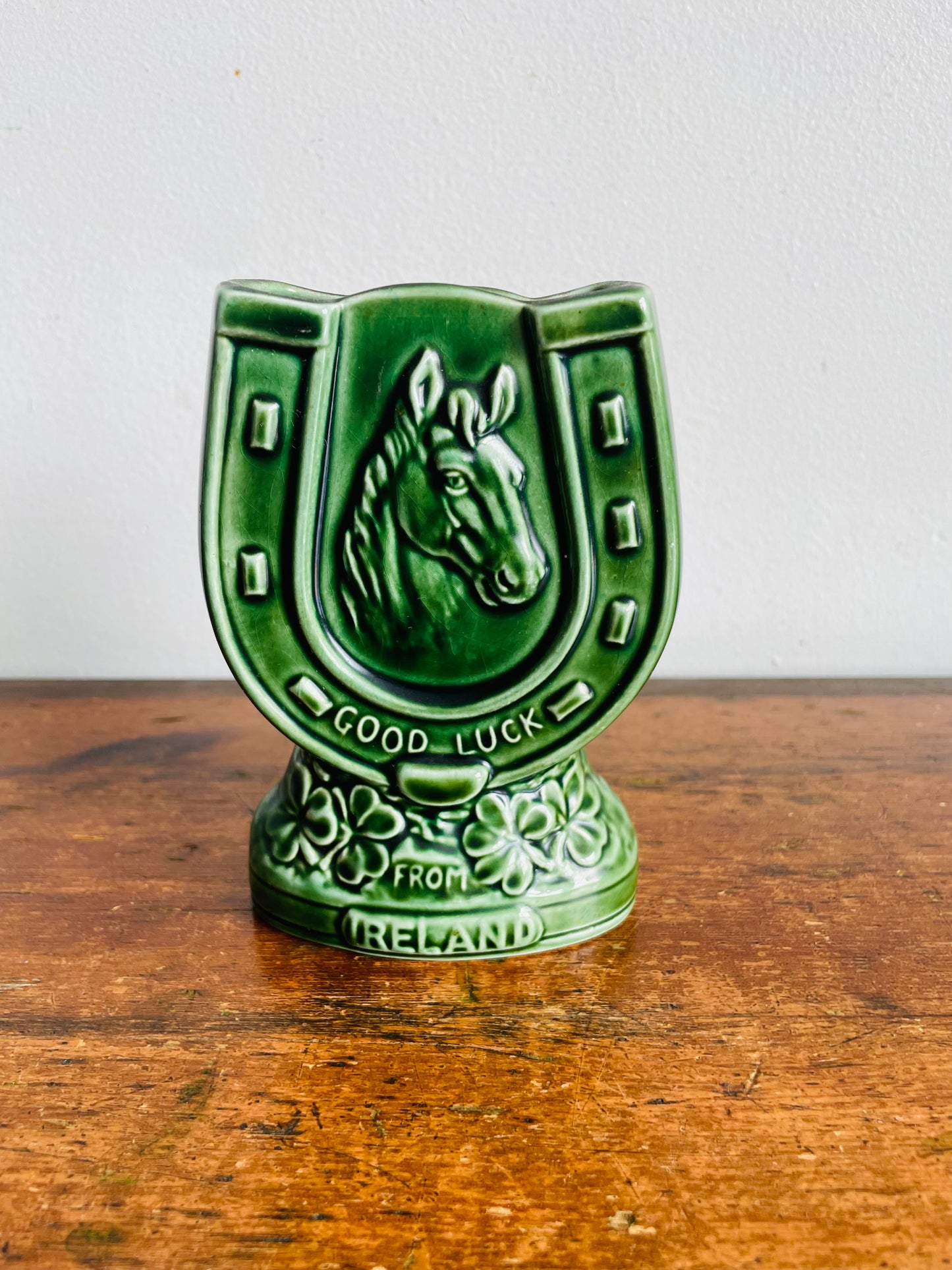 Vintage Green Sylvac 4110 Good Luck From Ireland Vase, Match, or Incense Holder with Horseshoe Horse Equestrian Design #2 - Made in England