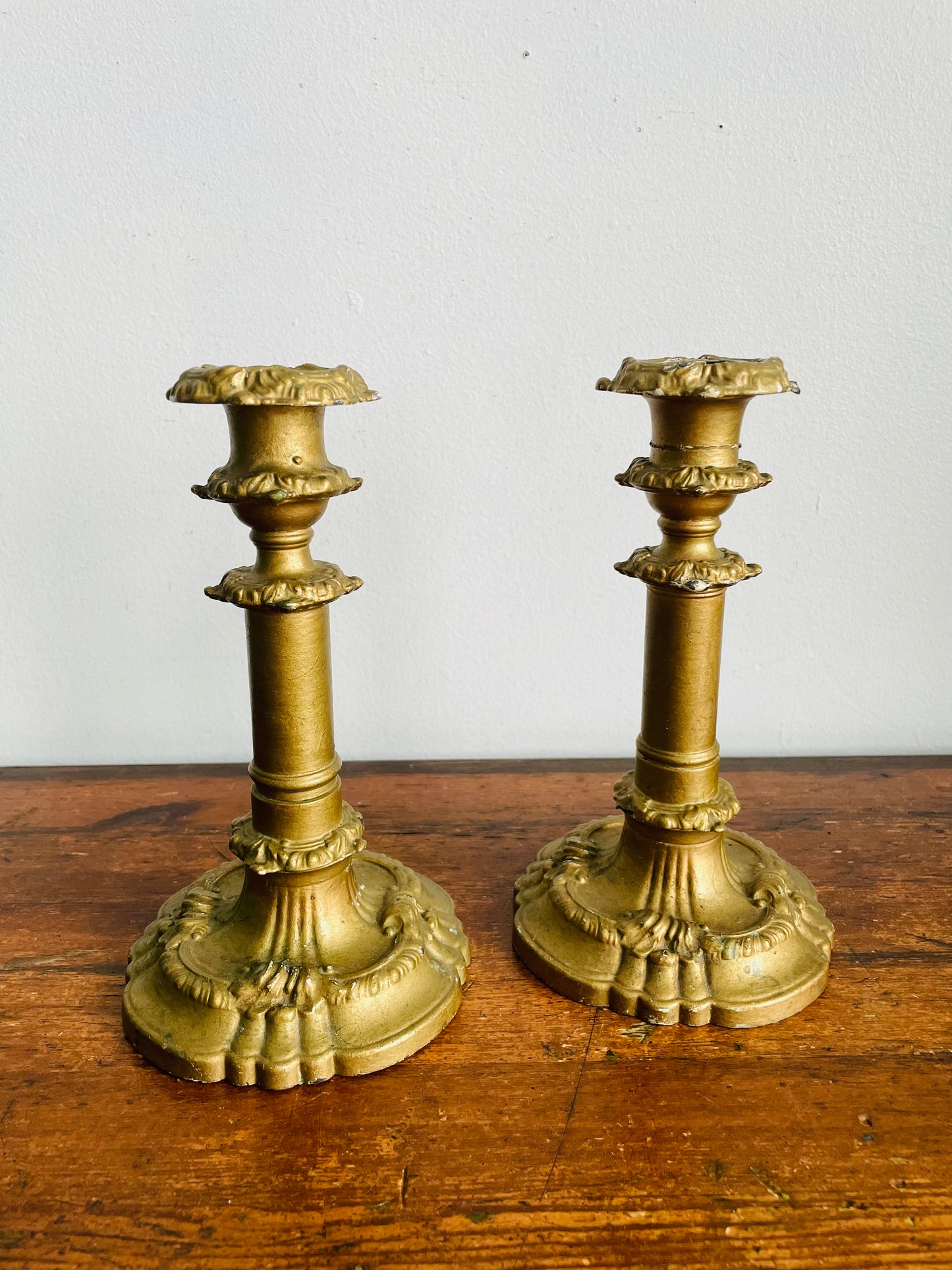 Vintage / Possibly Antique Iron Candle Holders with Plaster & Gold Finish - Very Sturdy & Solid - Set of 2