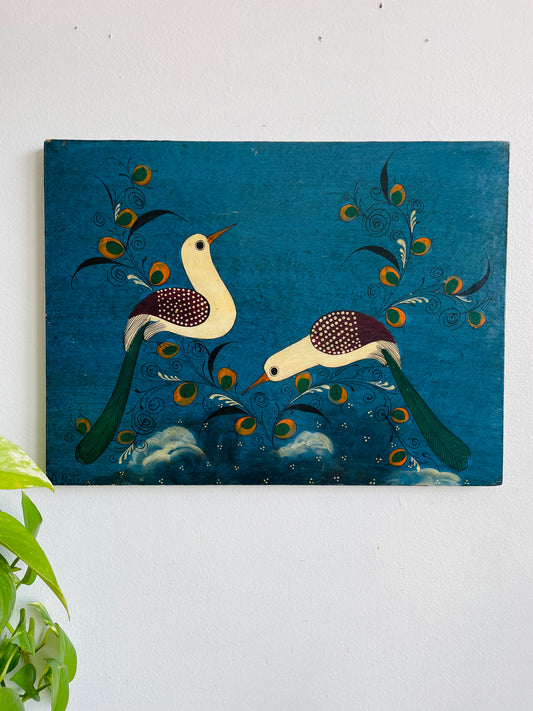 Vintage Original Art Painting Picture of Folk Art Birds on Branches with Blue Background- Artist Signed