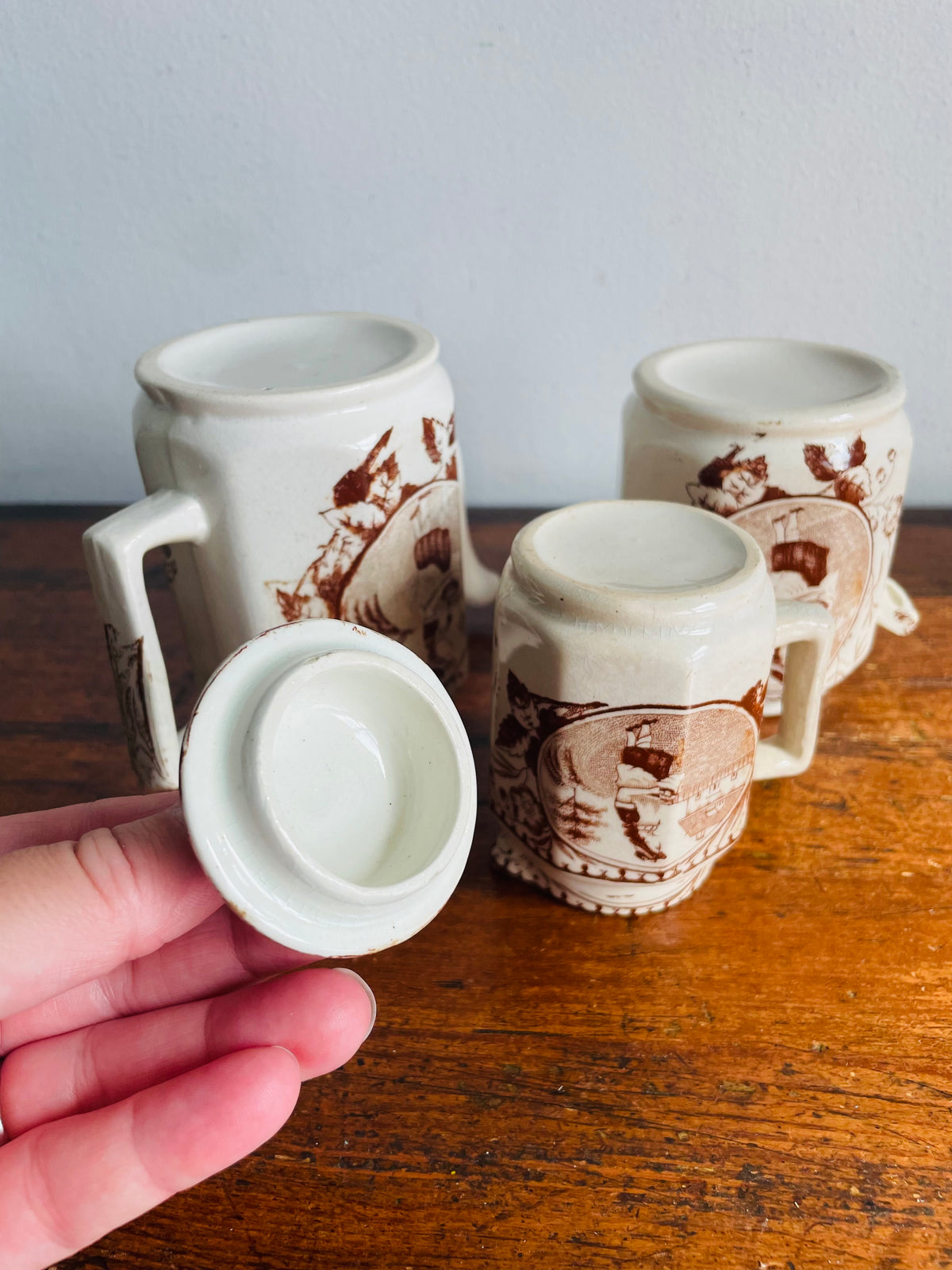 Antique Late Victorian 1880-1890 "Little May / Mae" Pattern 753 Sepia Brown Transferware Children's Toy Tea Set - Charles Allerton & Sons England - Plates, Bowl, Creamer, Biscuit Jar & Teapot - Set of 6 Pieces