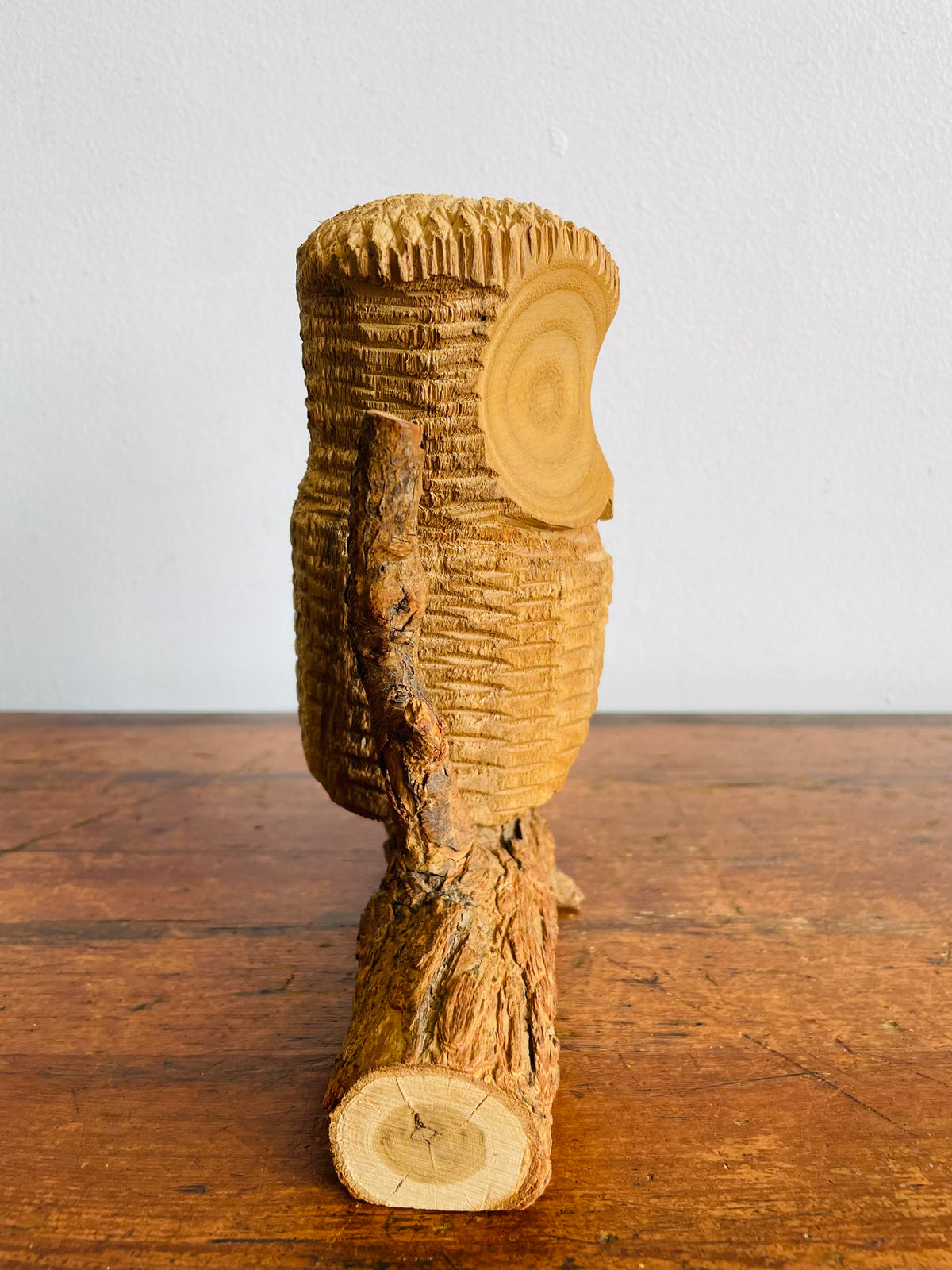 Vintage Hand-Carved Wood Owl Bird on Natural Branch Base - Signed by Canadian Woodcarving Artist Norman Peterson - Made in Canada