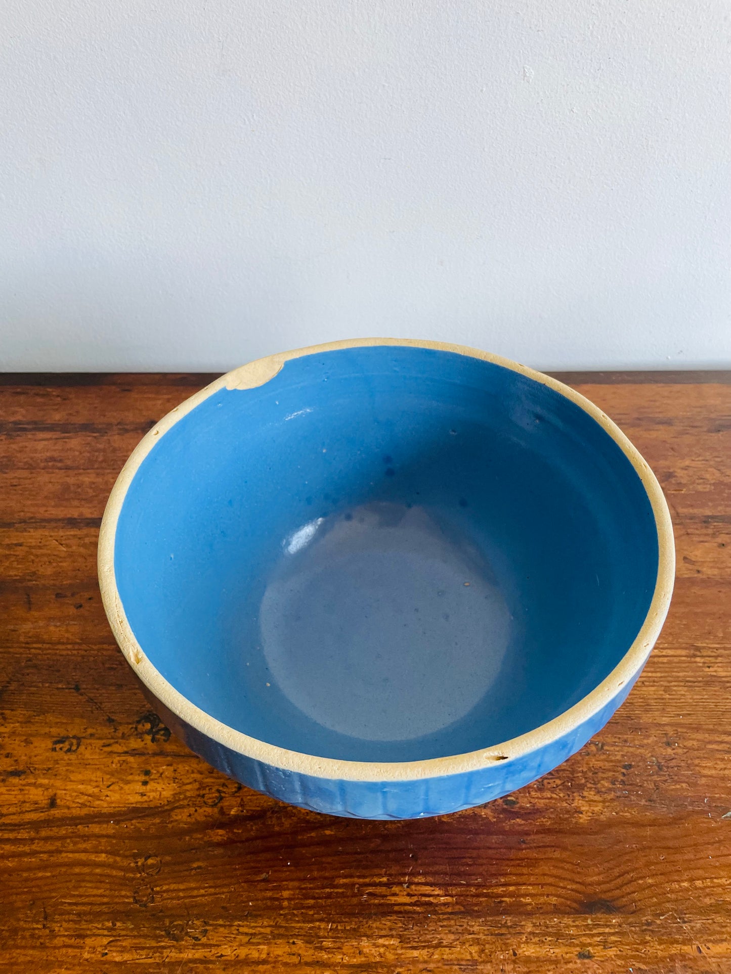 Large Blue Salt Glaze Stoneware Pottery Mixing Bowl with Picket Fence & Inverted Triangle Design