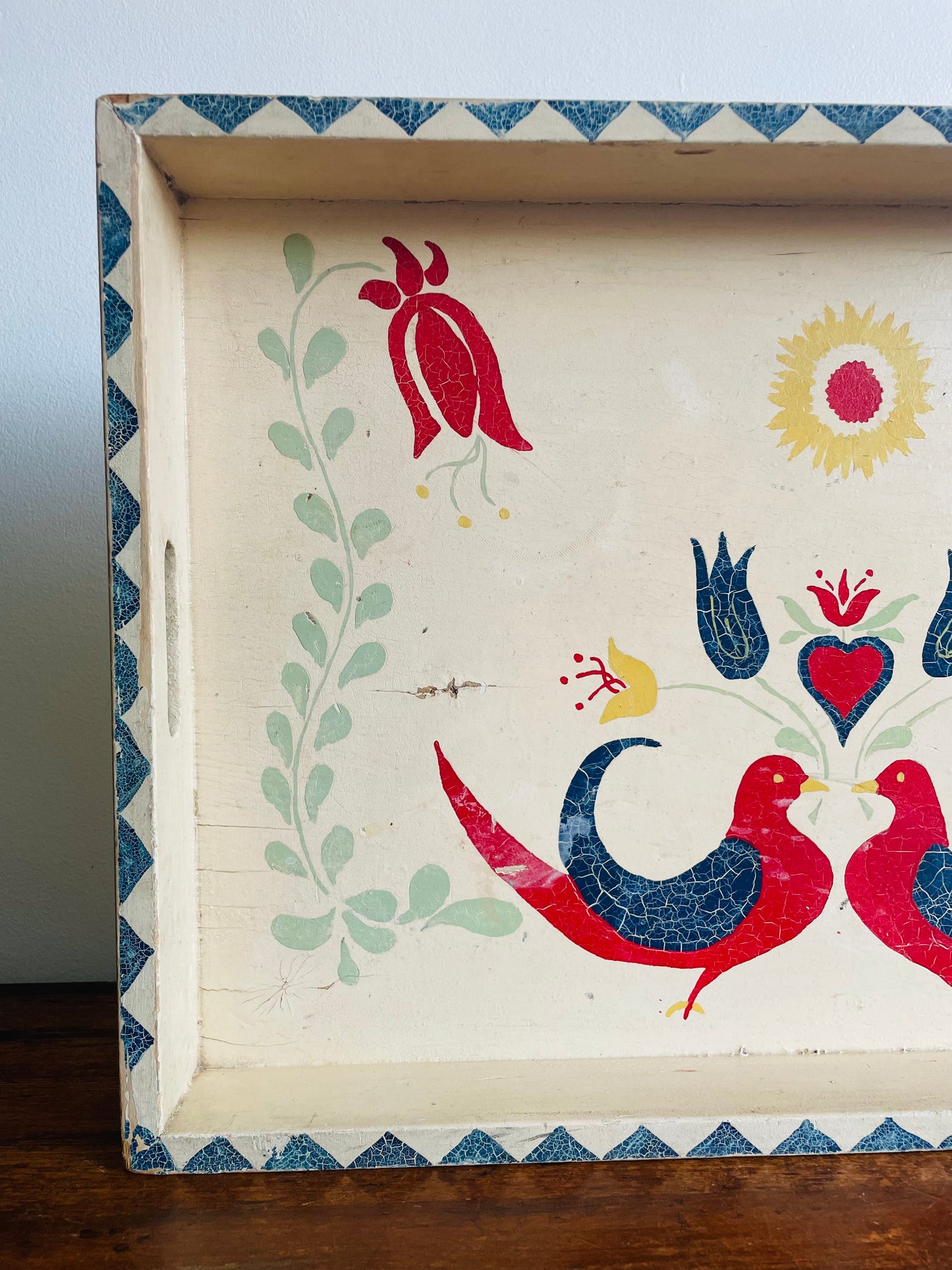 Hand Painted Wood Deep Serving Tray with Handles - Bird & Flower Folk Art Design