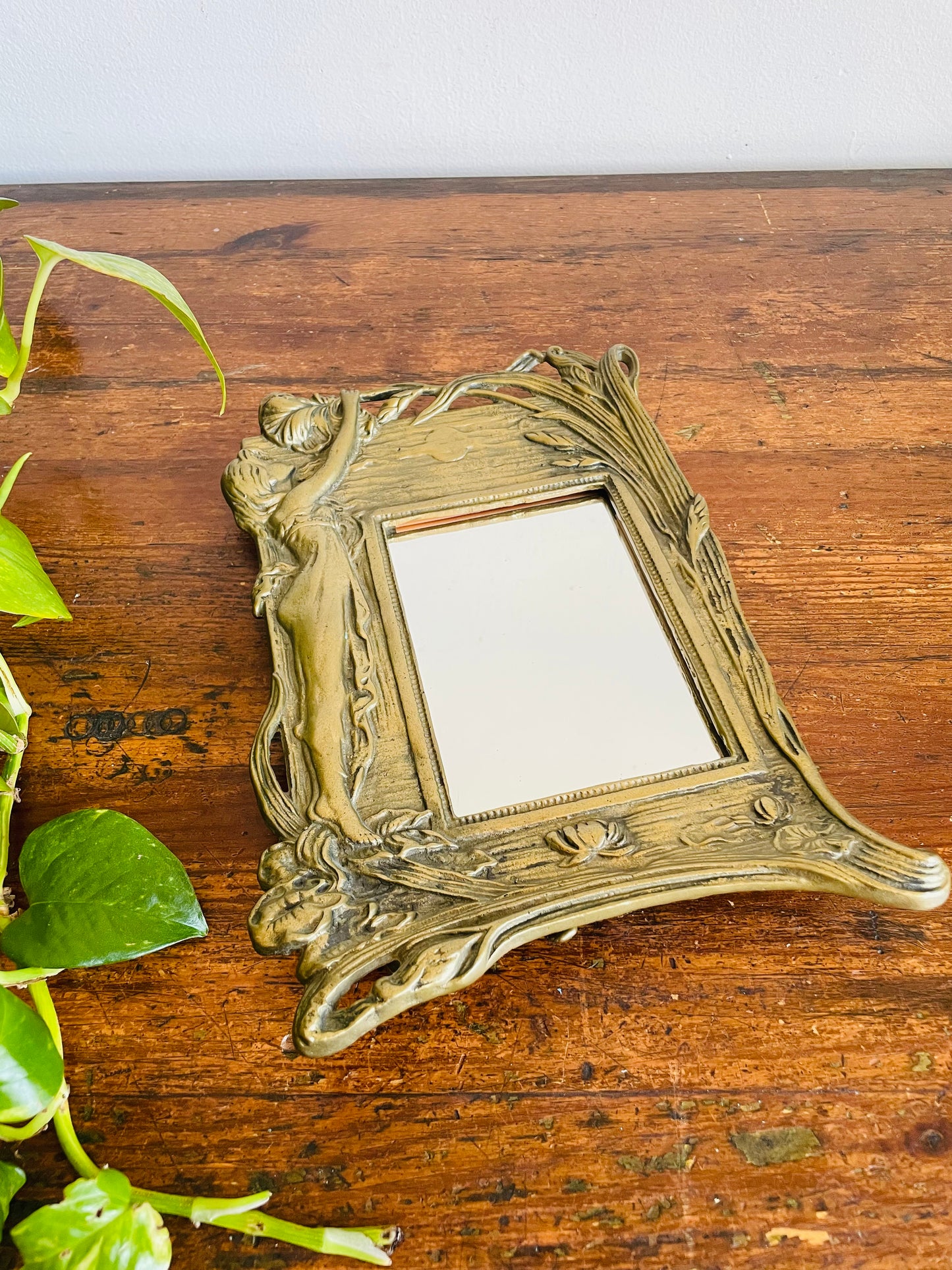 Vintage Heavy Brass Art Nouveau Easel Back Mirror with Fairy Nymph Maiden Under Sun with Flowers - Could Use as a Picture Frame as Well!