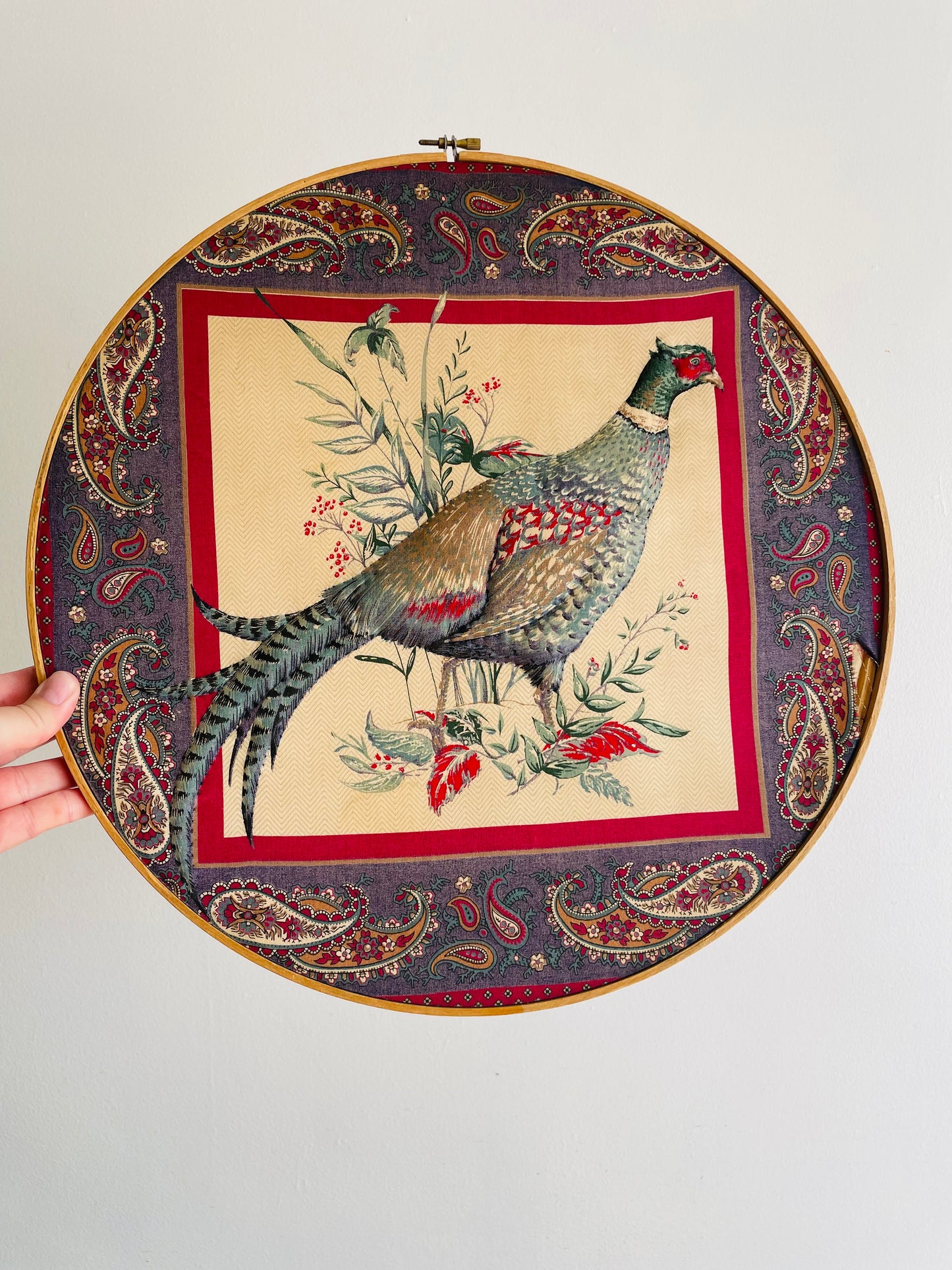 Fabric Embroidery Hoop Art Picture - Pheasant Bird Among Foliage