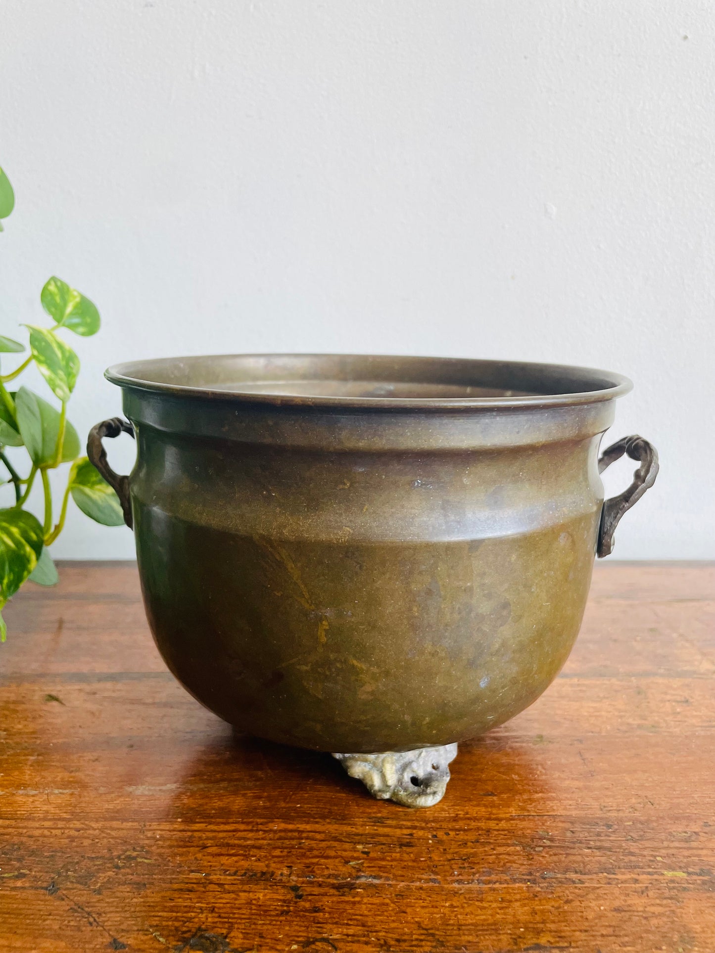 Vintage Solid Brass Footed 7" Planter Pot with Handles & Dark Patina