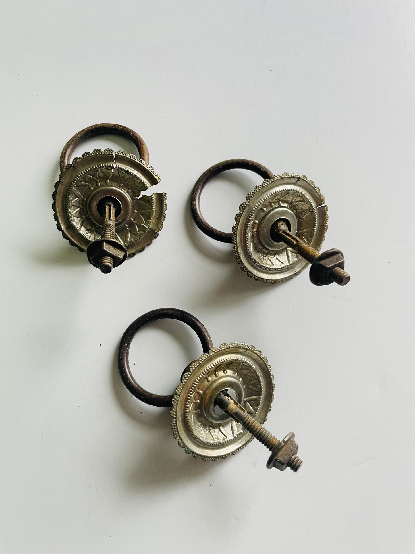 Antique Victorian Tin & Brass Drawer Pull Ring Handles - Set of 3 - As Found