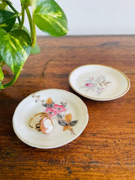 Vintage Miniature White Butter Pat Dishes with Floral Designs - Set of 2