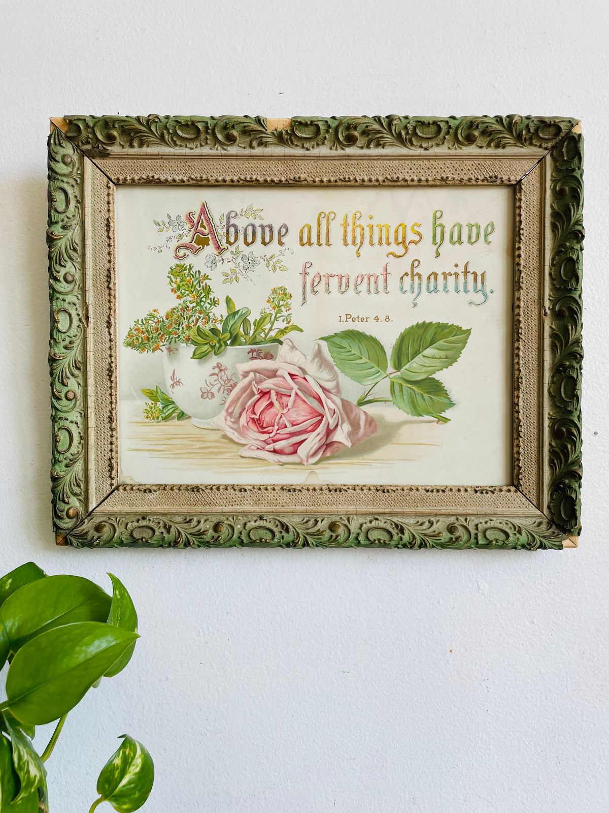Antique 1891 Botanical Pink Rose Print Picture with Bible Verse I Peter 4.8 - Above All Things Have Fervent Charity - Ornate Wood Frame - 135 Years Old!