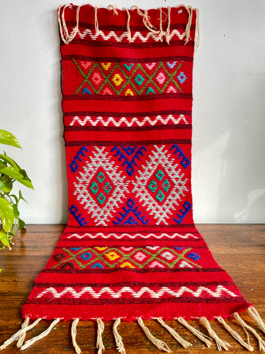Vintage Hand Knotted Red Wool Table Runner or Narrow Rug with Brightly Coloured Geometric Pattern - 3.5 Feet Long
