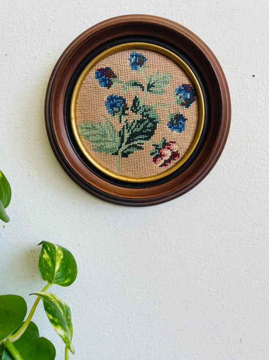 Vintage Round Wood Needlepoint Embroidery Picture in Wood Frame with Botanical Floral Scene