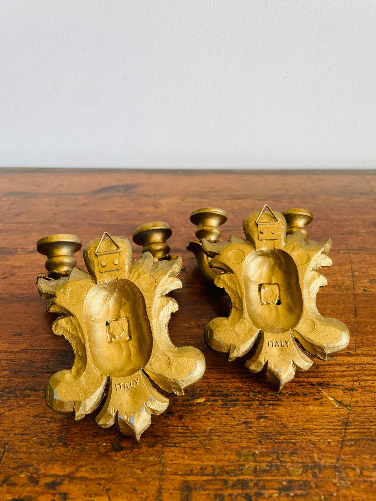 Vintage Italian Double Skinny Taper Candle Holder Wall Hanging Sconces - Gold Rococo Louis XV Style - Set of 2 - Made in Italy