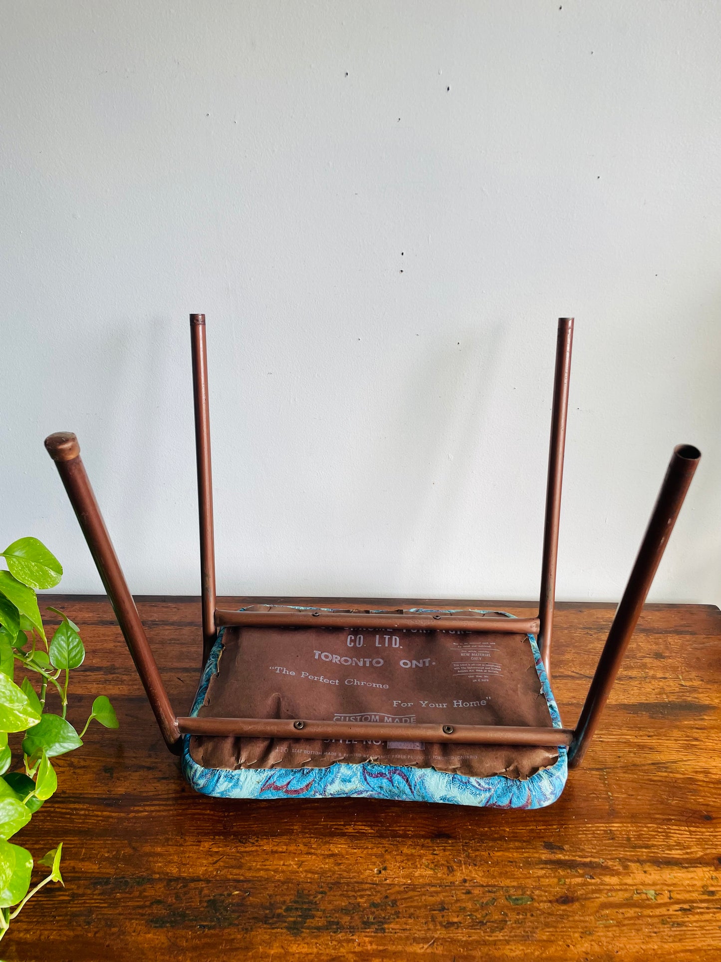 Vintage 1968 Perfect Chrome Furniture Co. Stackable Stool Chair with Vinyl Cushion - Blue Floral Pattern #1 - Made in Toronto