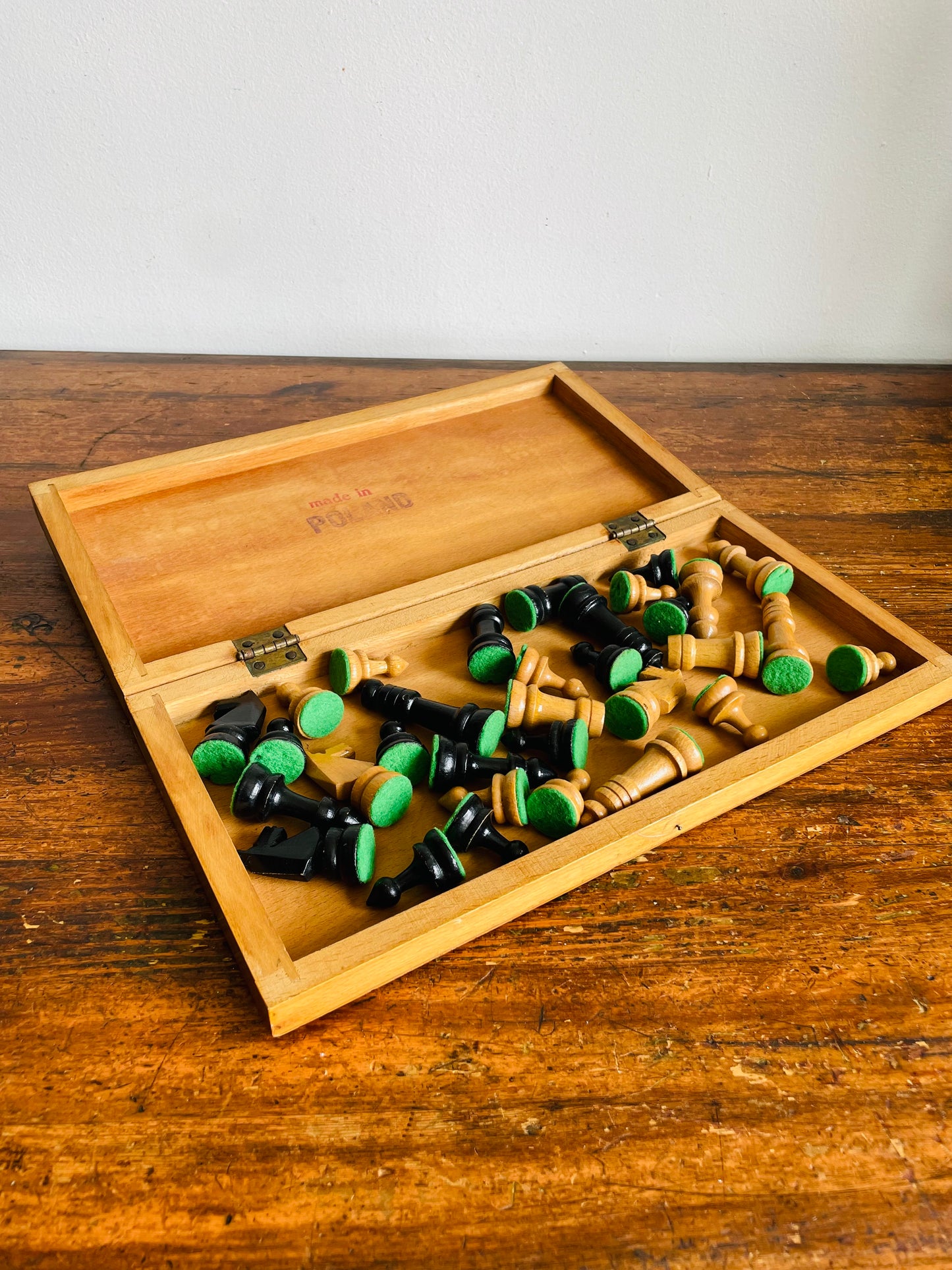 Vintage Hinged Folding Wood Chess Board Travel Case with Felt-Bottomed Wood Playing Pieces - Made in Poland