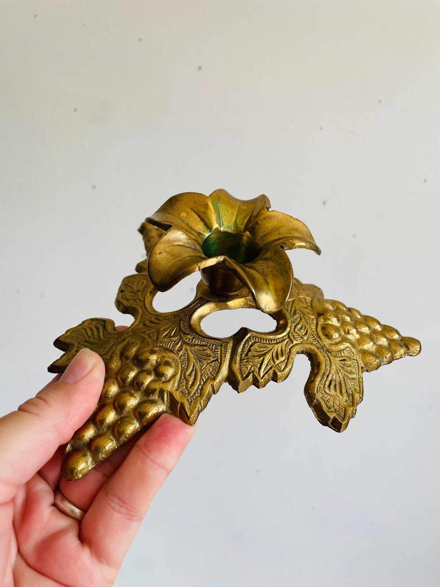 Vintage Solid Brass Candle Holders with Elaborate Grape & Leaf Design - Made in India - Set of 2