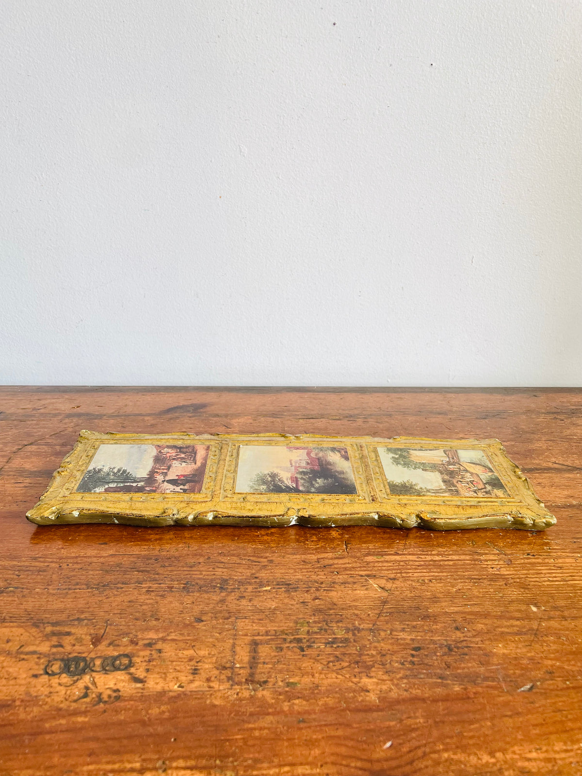 Vintage Italian Florentine Gold-Gilt Triple Landscape Wall Plaque Picture with European Art Print Scenes