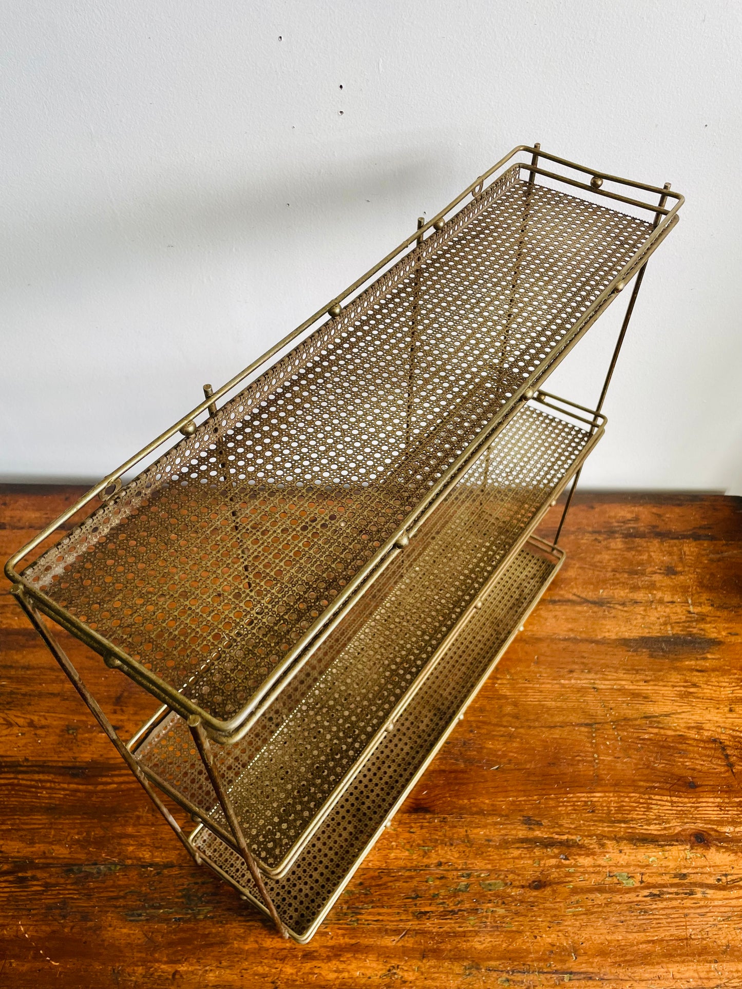 Vintage Gold Toned Metal & Brass Wall Hanging Shelf with Openwork Grill Design & Raised Edges - 3 Shelves- No Shipping
