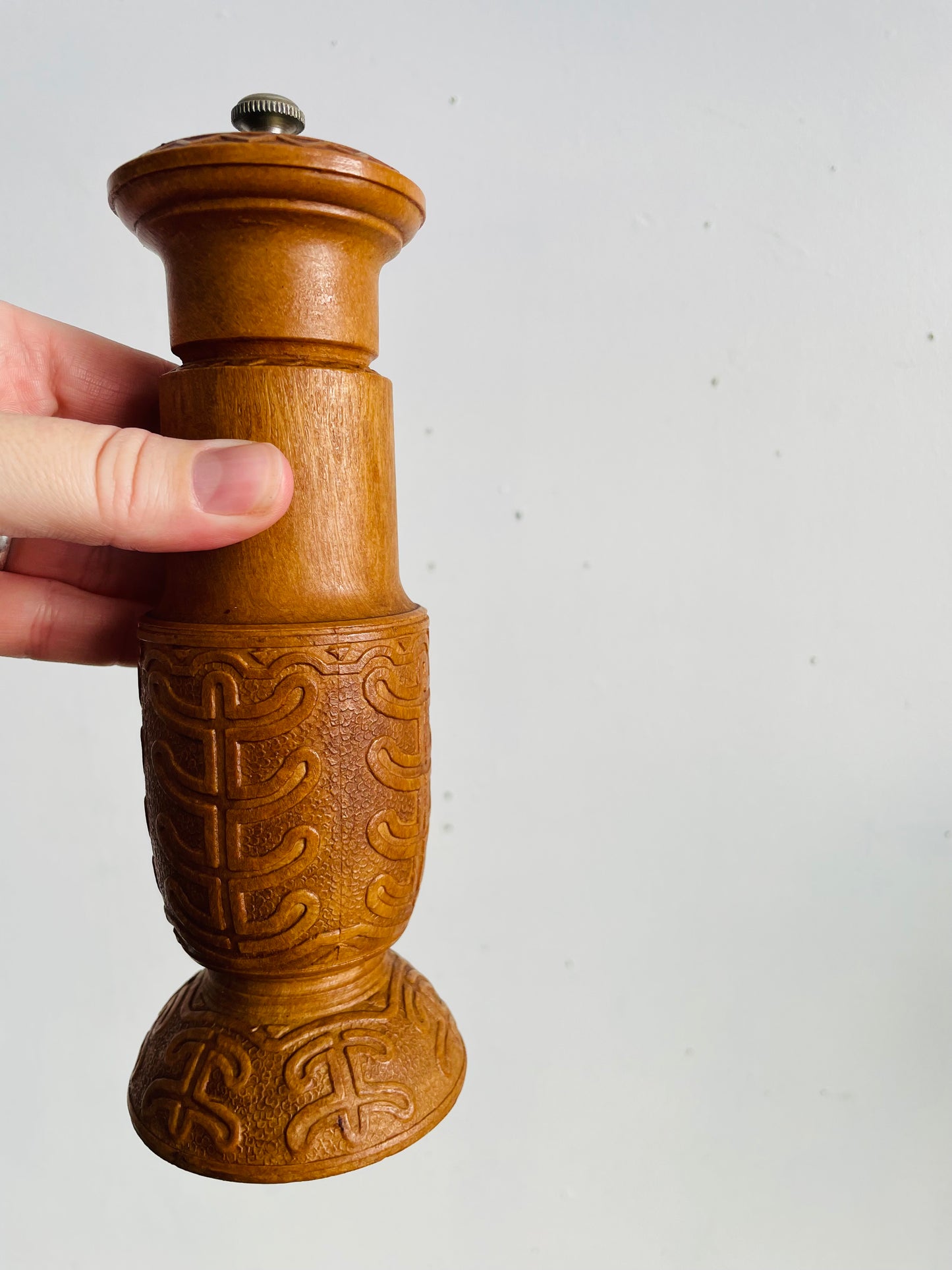 Vintage Carved Wood Pepper Mill Grinder with Interesting Design - Made in Italy