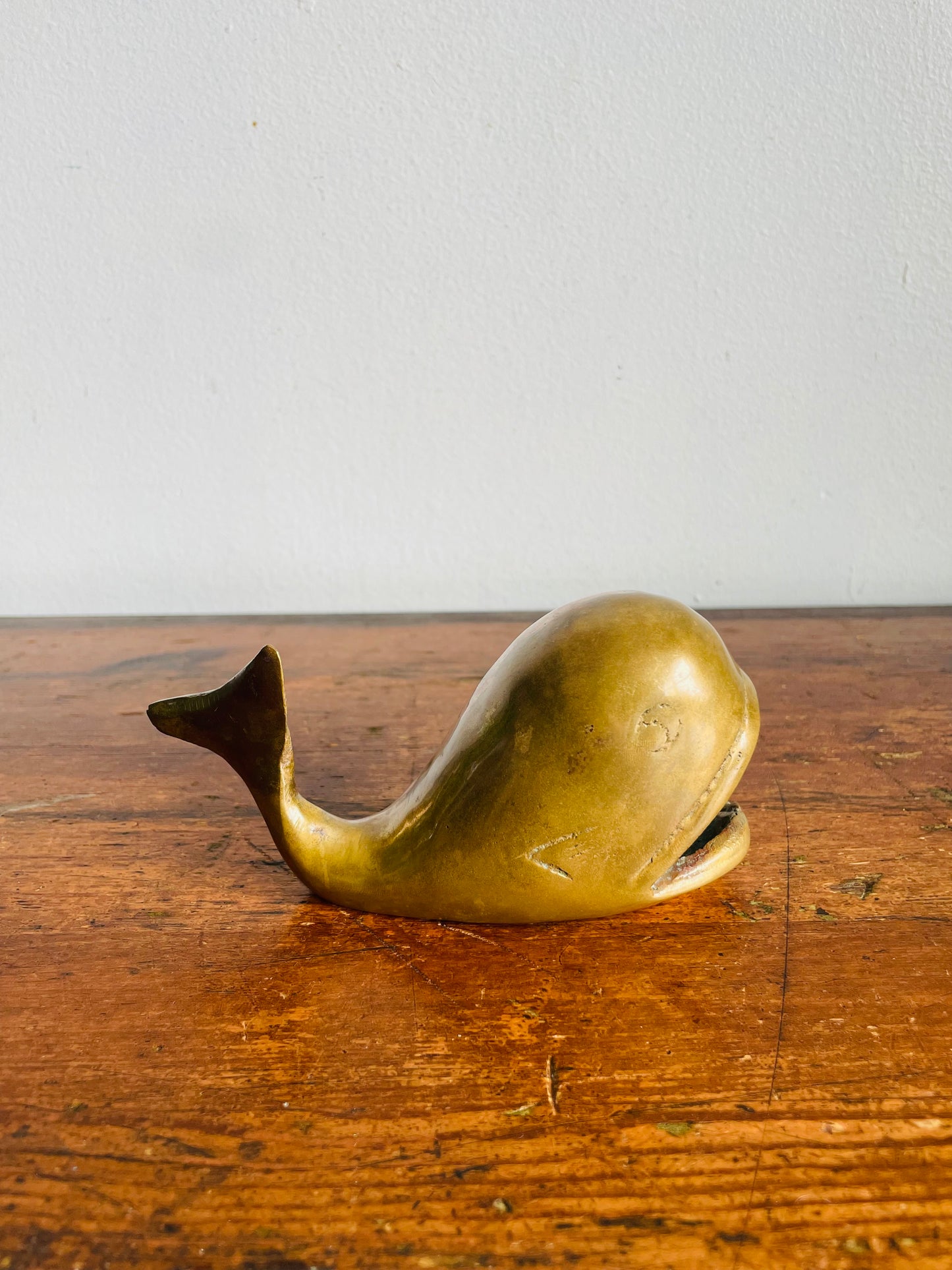 Vintage Solid Brass Open-Mouth Whale Figurine - Ashtray, Trinket Dish, Cone Incense Burner, Etc.