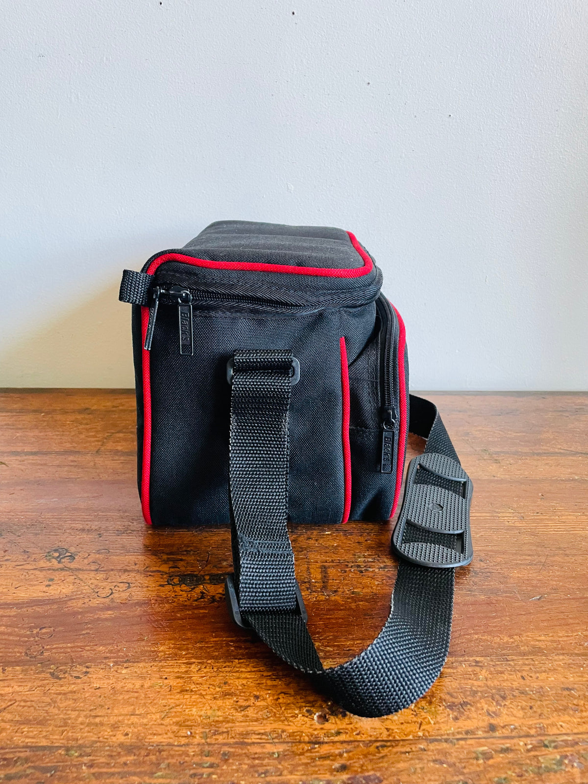 Vintage Black's Photography Camera Shoulder Bag Case with Yellow, Orange & Red Rainbow Stripe Design & Multiple Pockets - Made in Taiwan