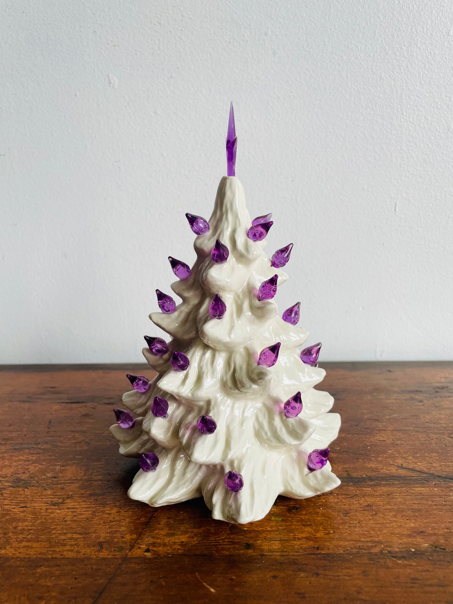 Miniature White Ceramic Light Up Christmas Tree with Purple Bulbs & Star (2005)