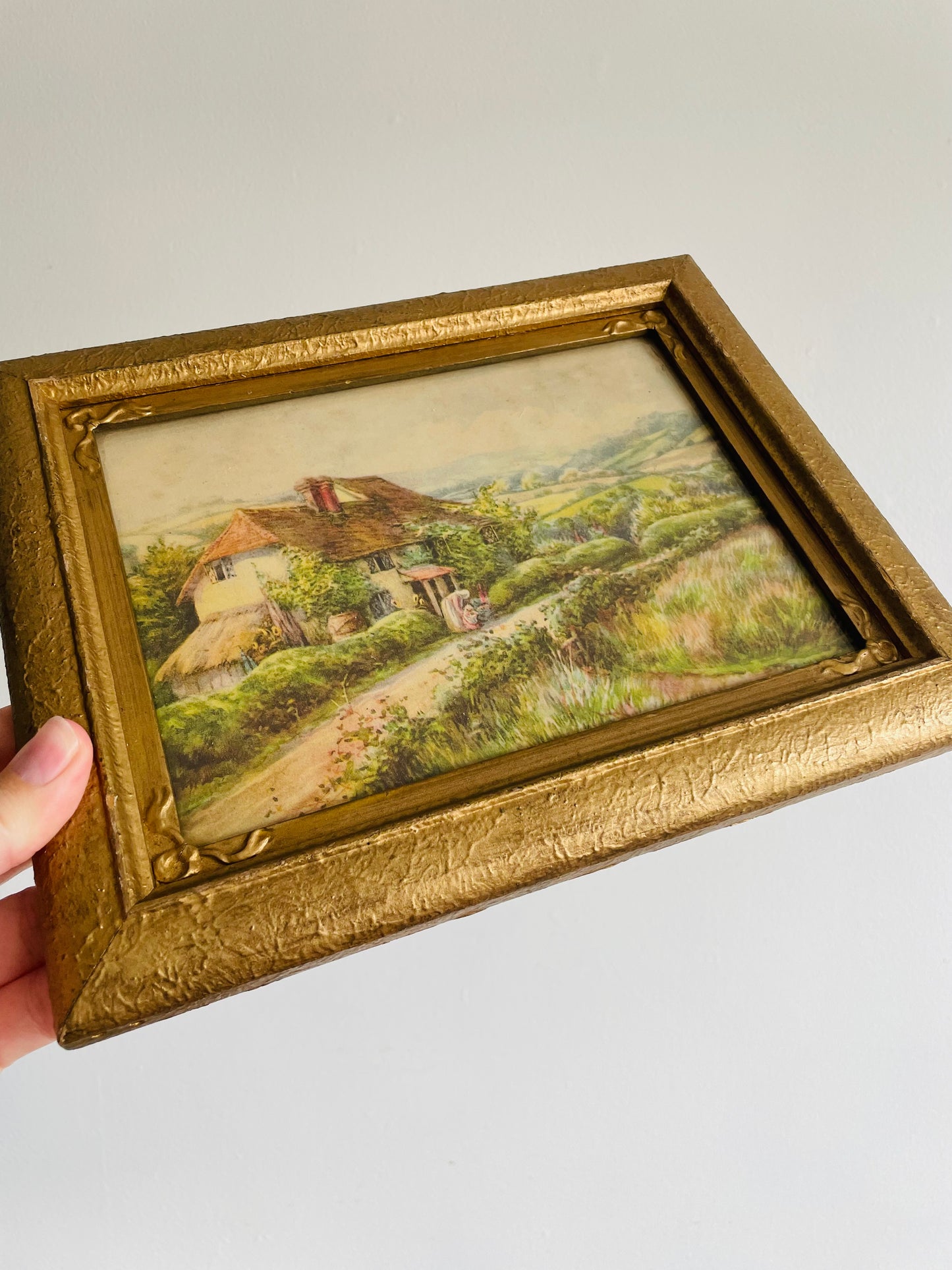 Framed Country Cottage Scene Print with Thatched Roof House, Woman & Child