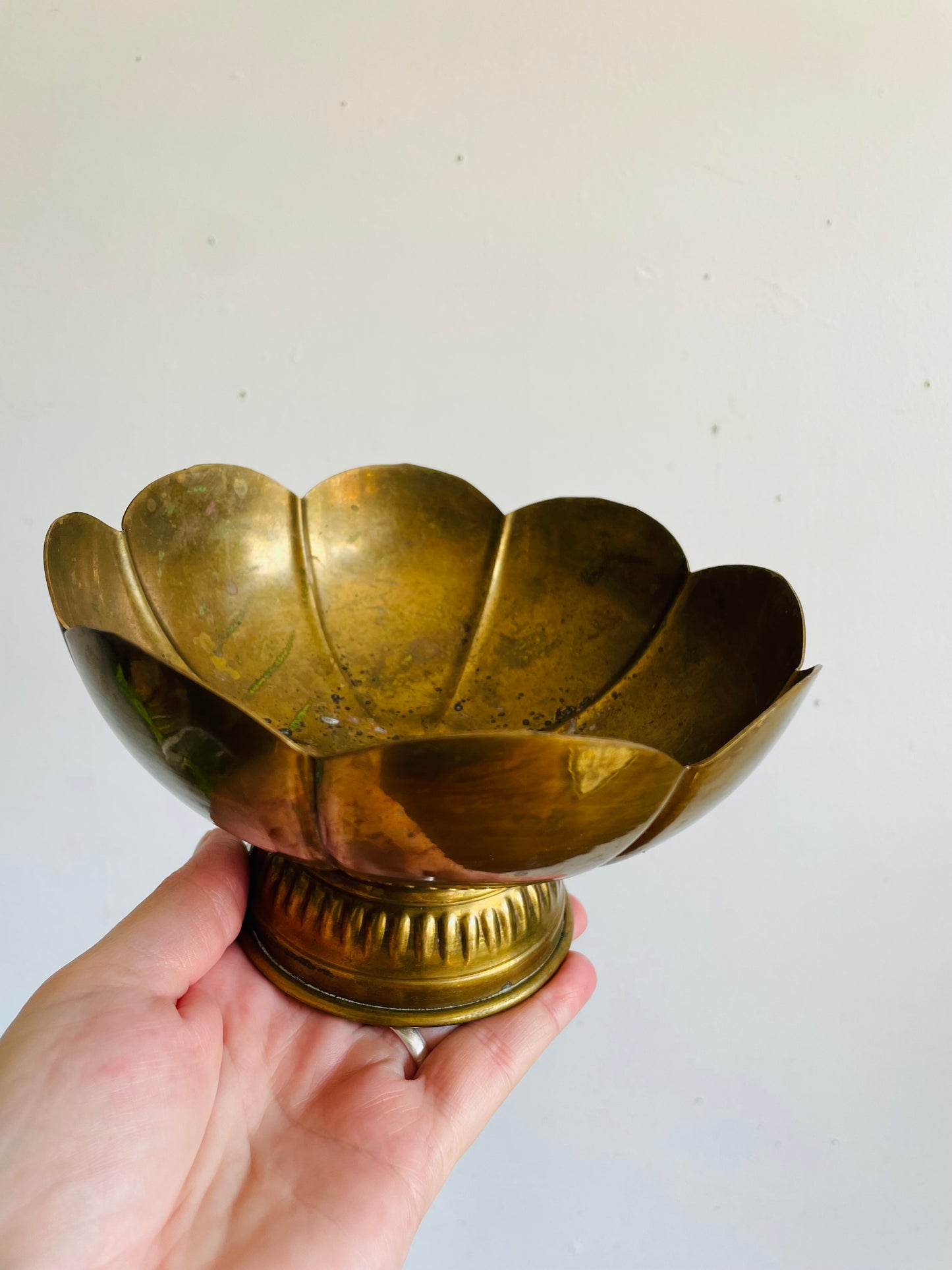 Vintage Brass Pedestal Bowl with Scalloped Rim