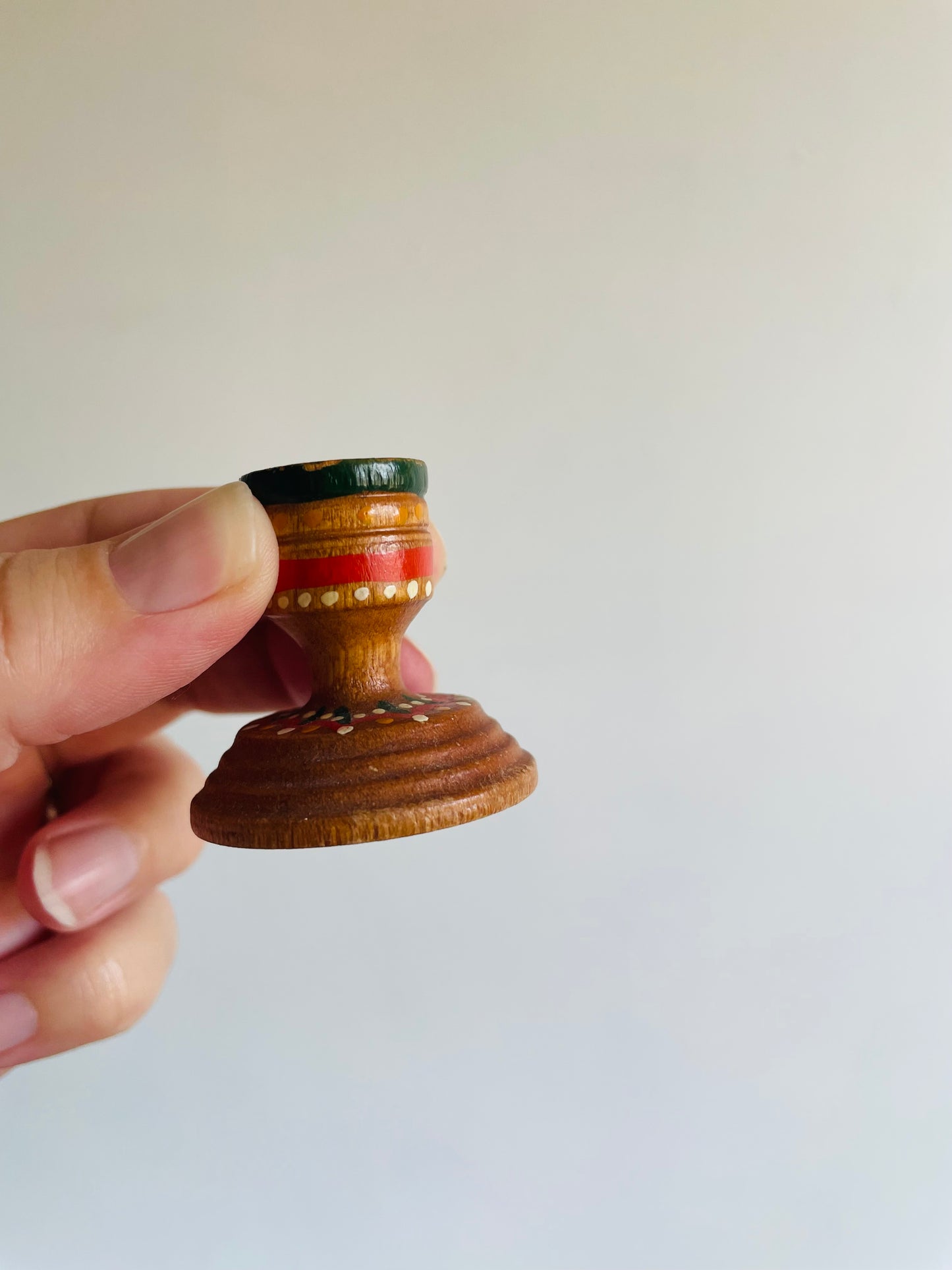 Miniature Hand Painted Wood Candlestick Holders with Folk Art Design - Set of 2