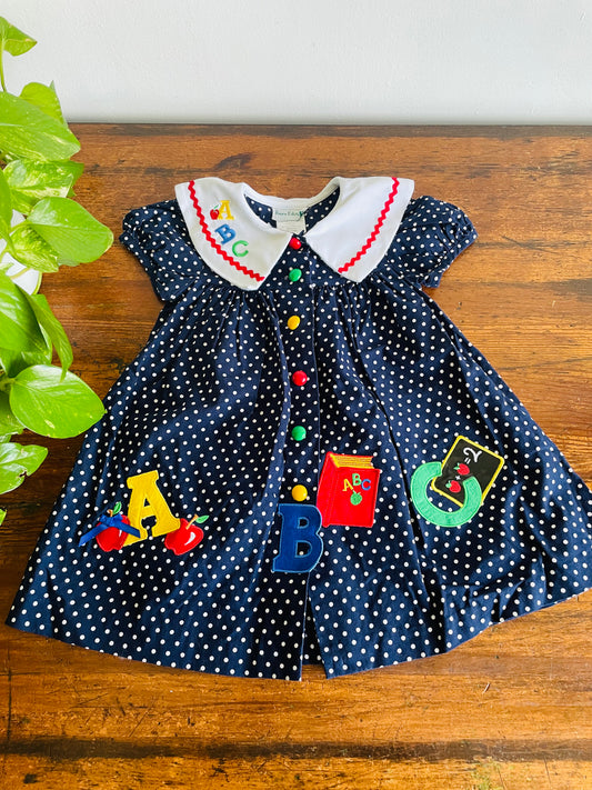 Rare Edition Brand 100% Cotton Navy Polka Dot Dress with ABC School Patches - Size 24 Months