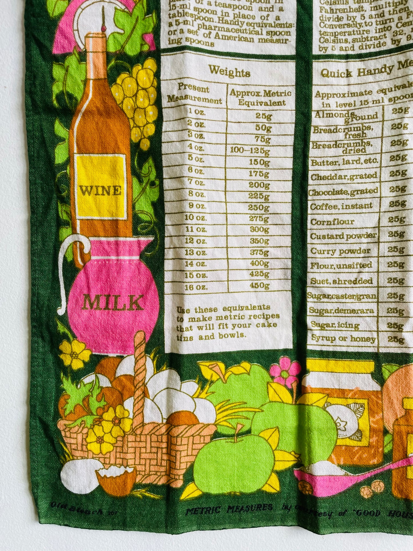 Vintage Irish Linen Tea Towel with Measuring In Metrics Guide & Adorable Bright Graphics - Old Bleach Made in Ireland
