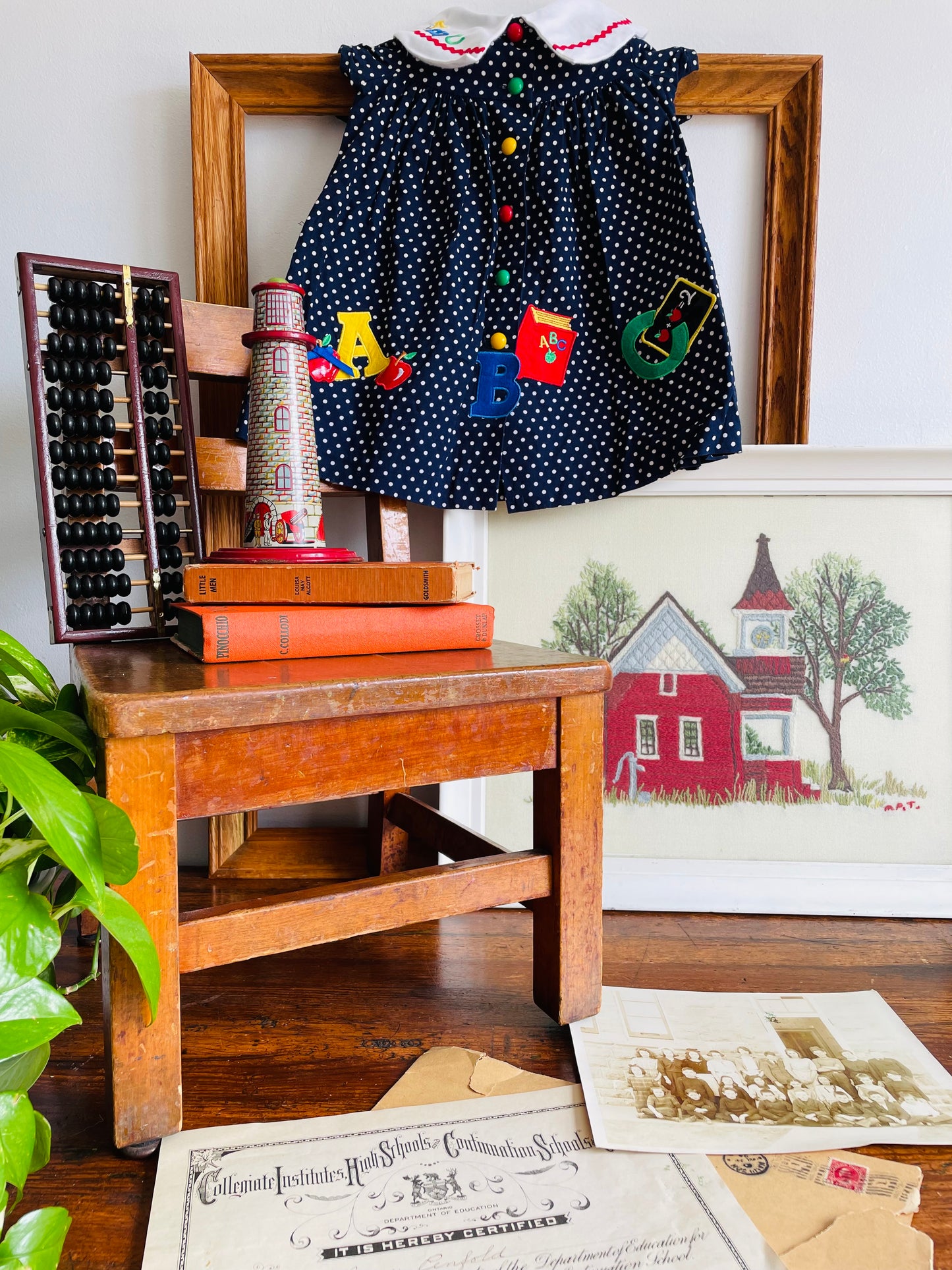 Rare Edition Brand 100% Cotton Navy Polka Dot Dress with ABC School Patches - Size 24 Months