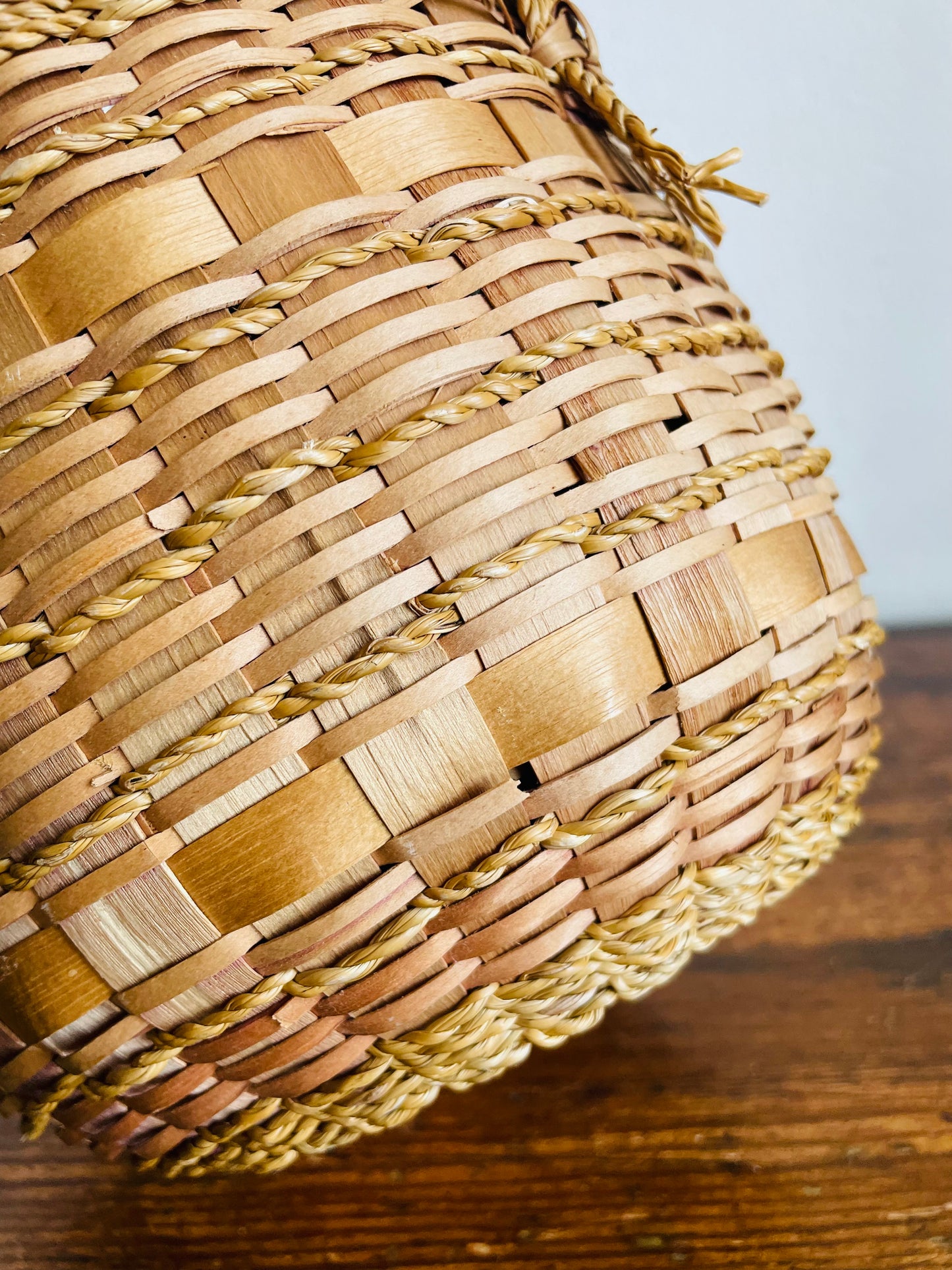 Vintage Indigenous Woven Ash Wood & Sweet Grass Yarn Holding Basket with Braided Handles & Lid - Hole in Lid to Pull Yarn Through