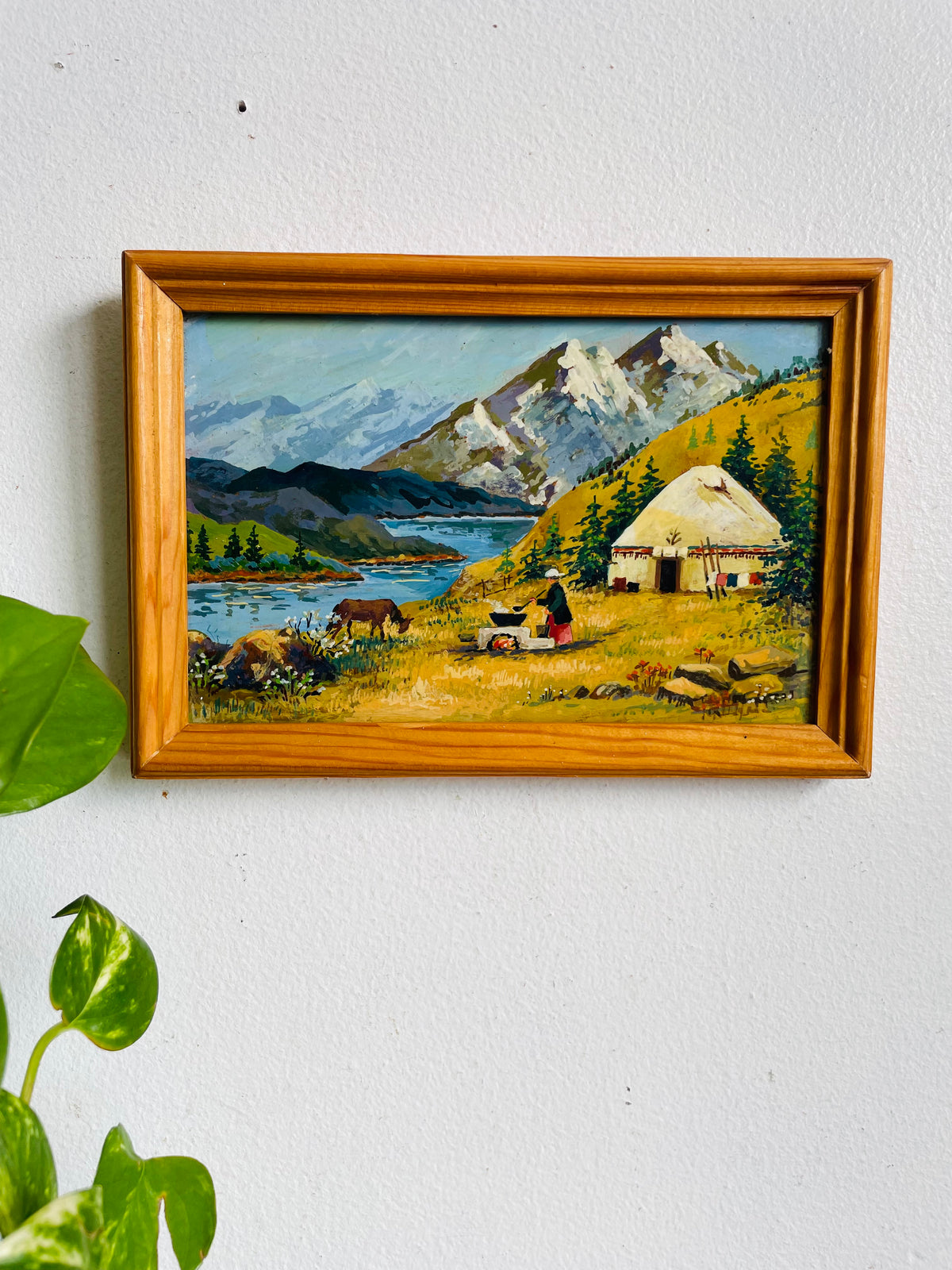Vintage Original Art Painting Picture of Central Asian Landscape Scene - Yurt House, Mountains, Stream, Horse & Person Cooking Over Fire
