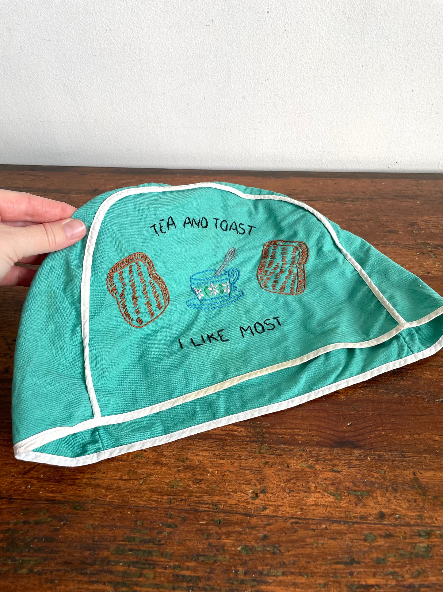 Vintage Handmade Needlepoint Embroidery Teal Green Toaster Cozy Cover with Adorable Graphics - Tea and Toast I Like Most