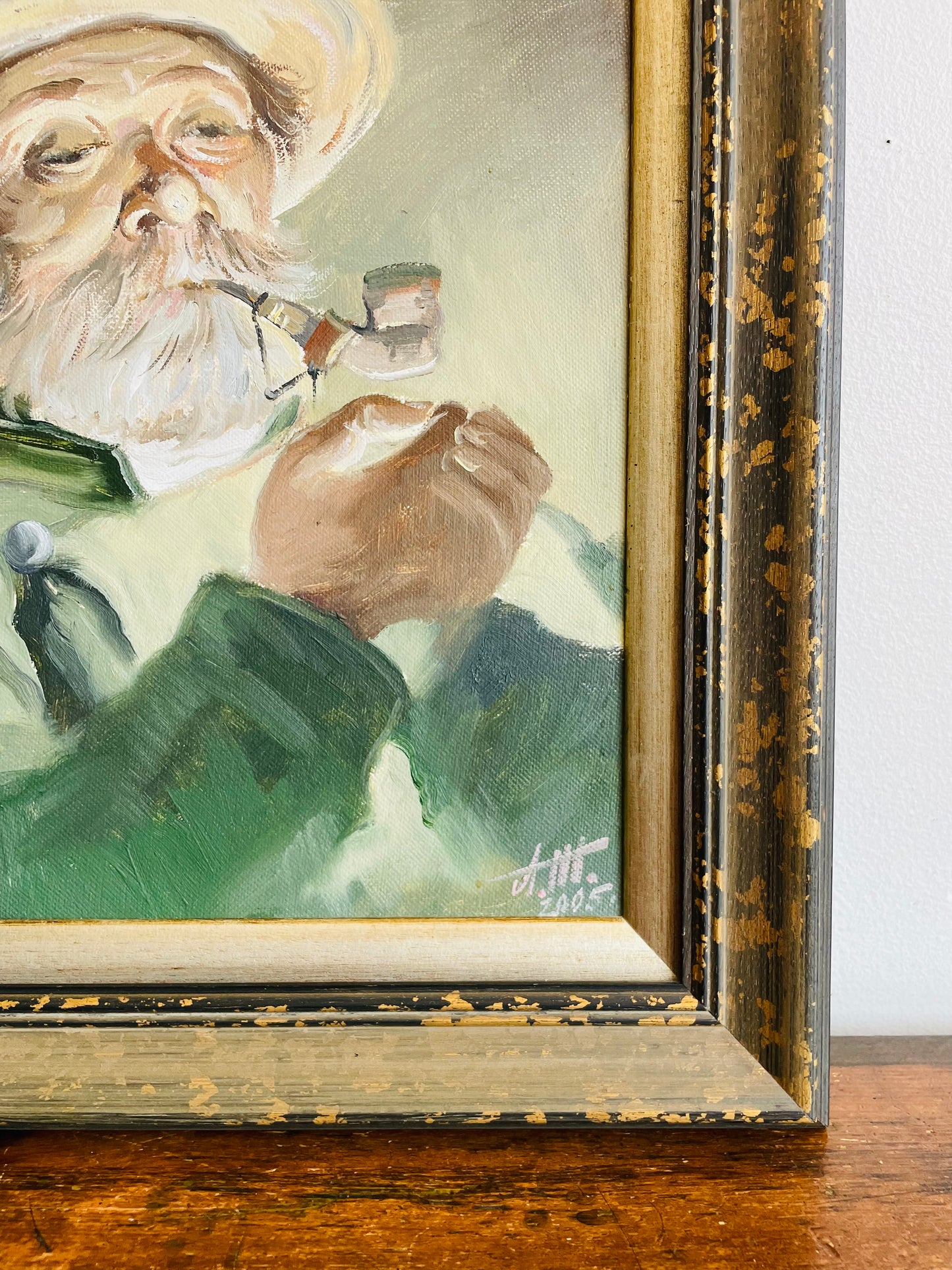 Vintage 2005 Original Art Painting Picture of Old Man Lighting a Pipe - Artist Signed