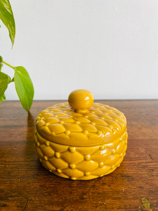 1979 Handmade Round Mustard Yellow Ceramic Trinket Box with Quilted Design & Chunky Handle