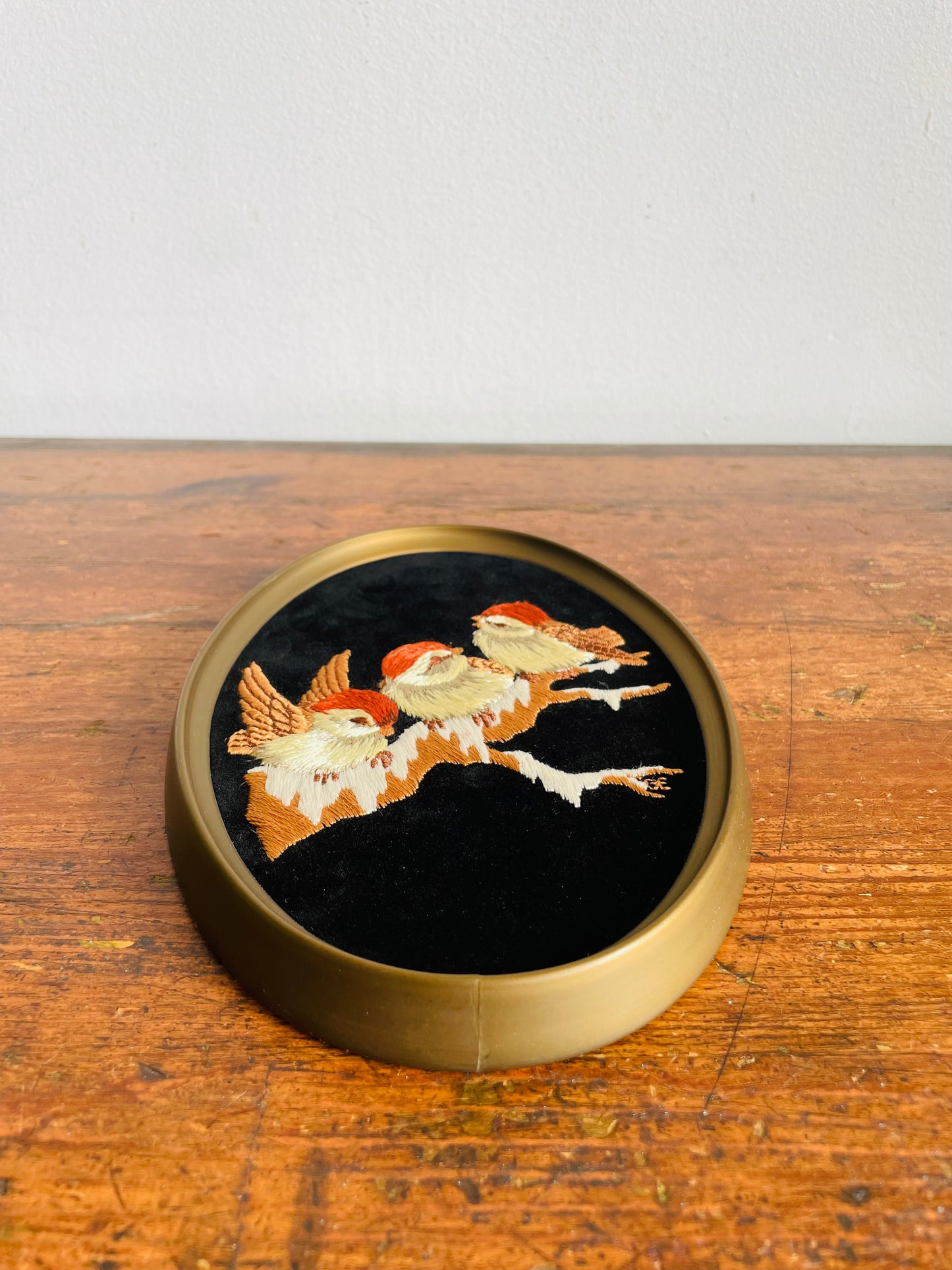 Vintage Ecstasy Giftware Oval Embroidery on Black Velvet Picture of Chickadee Birds in Winter