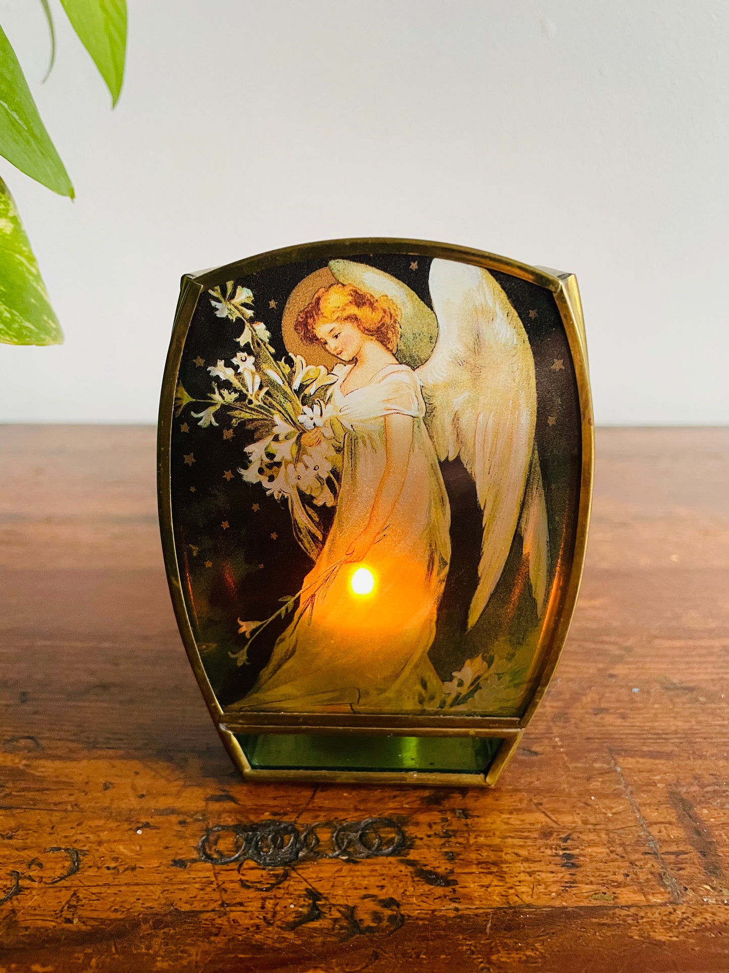 Enesco Brass & Stained Glass Tealight Candle Holder with Angel Holding Lily Flowers - Made in Mexico