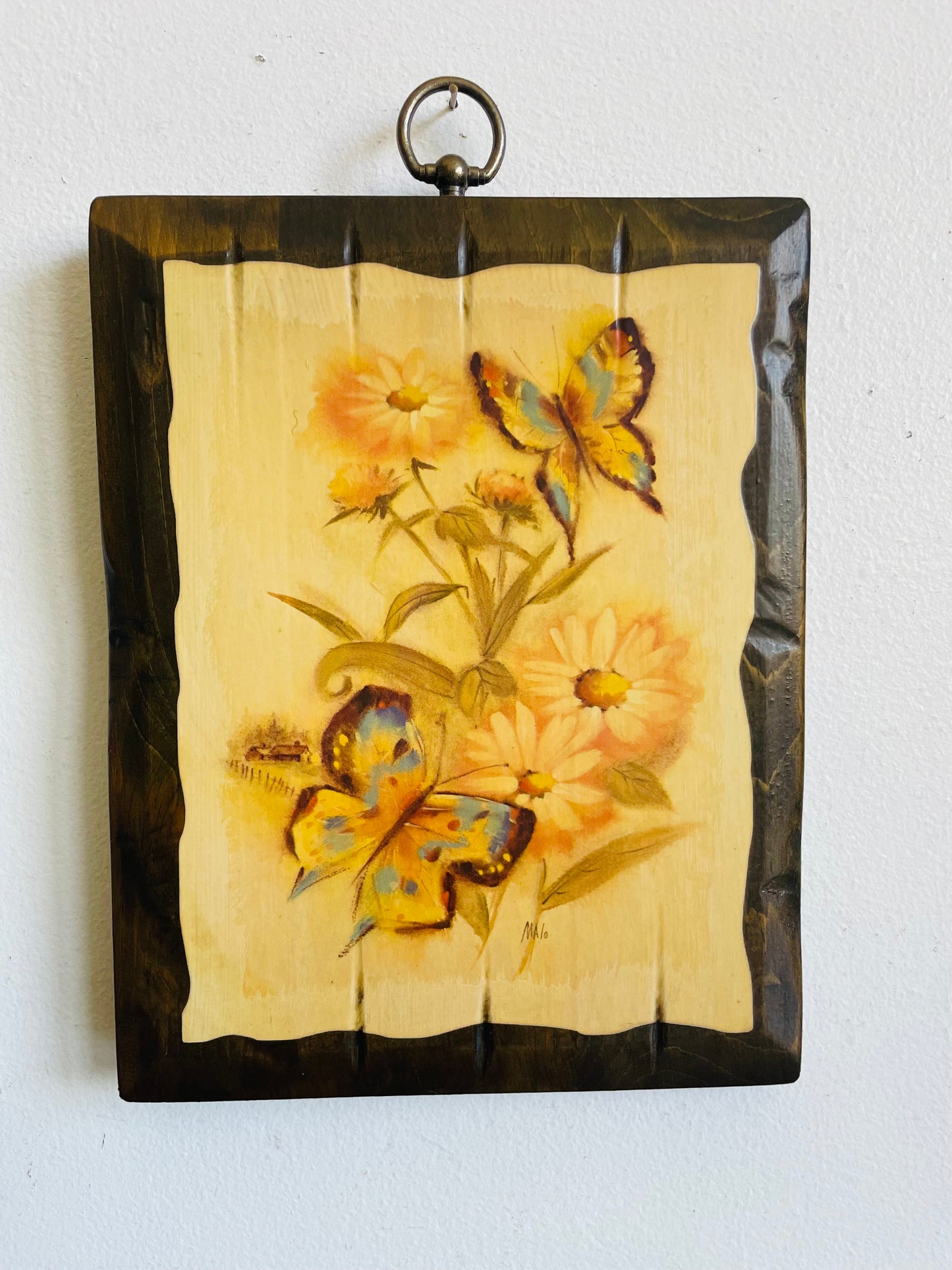 Vintage Wood Plaque Picture with Blue & Yellow Butterflies & Flowers