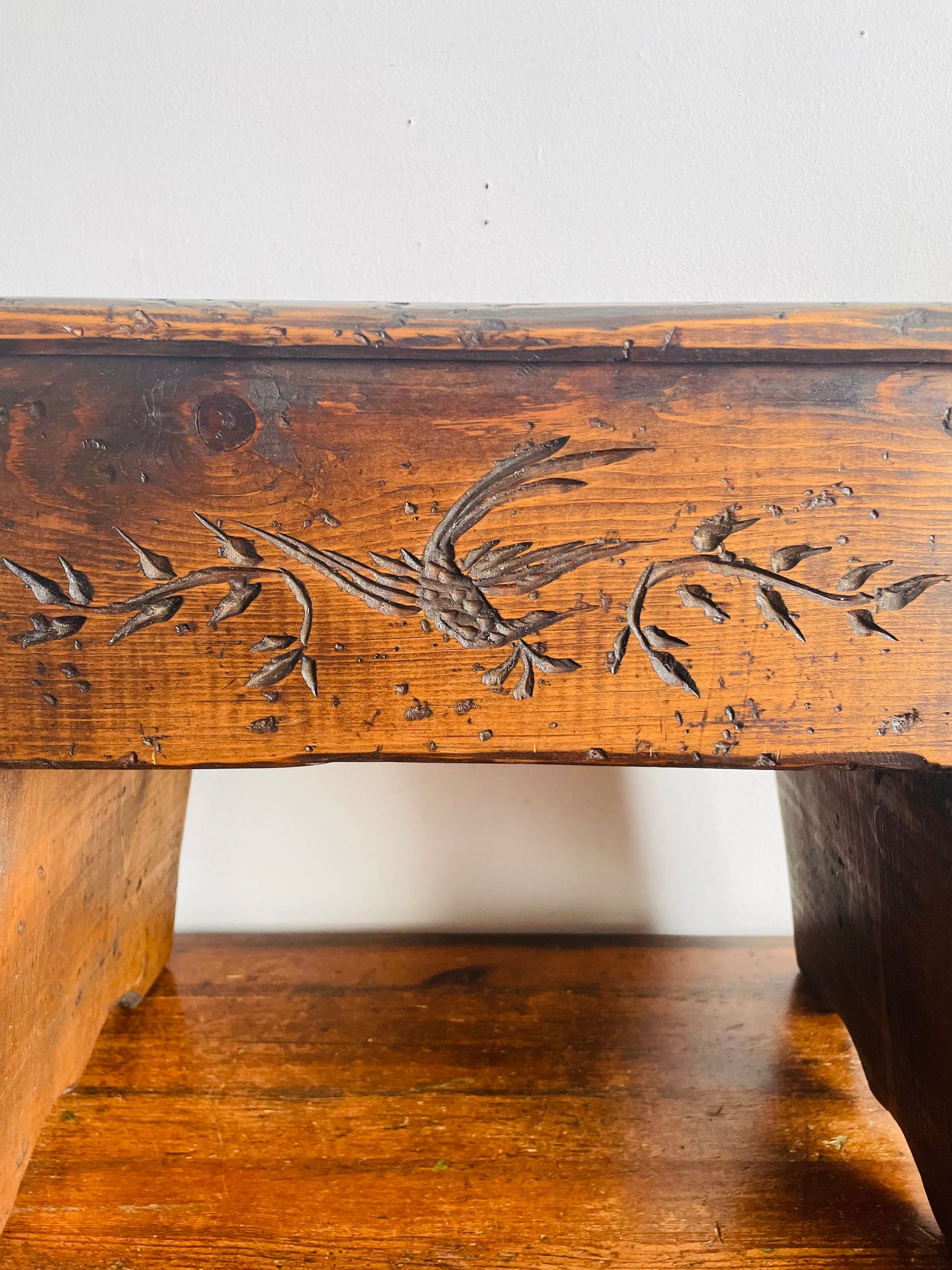 Vintage Wooden Stool Bench or Short Side Table with Carved Bird & Leaf Design - No Shipping