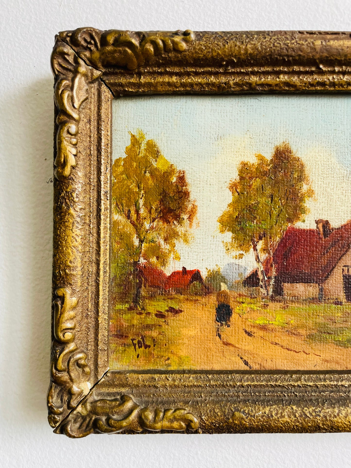 Vintage Original Art Painting in Gold Frame - European Rural Countryside Scene with Houses & Woman Walking Down Lane - Artist Signed