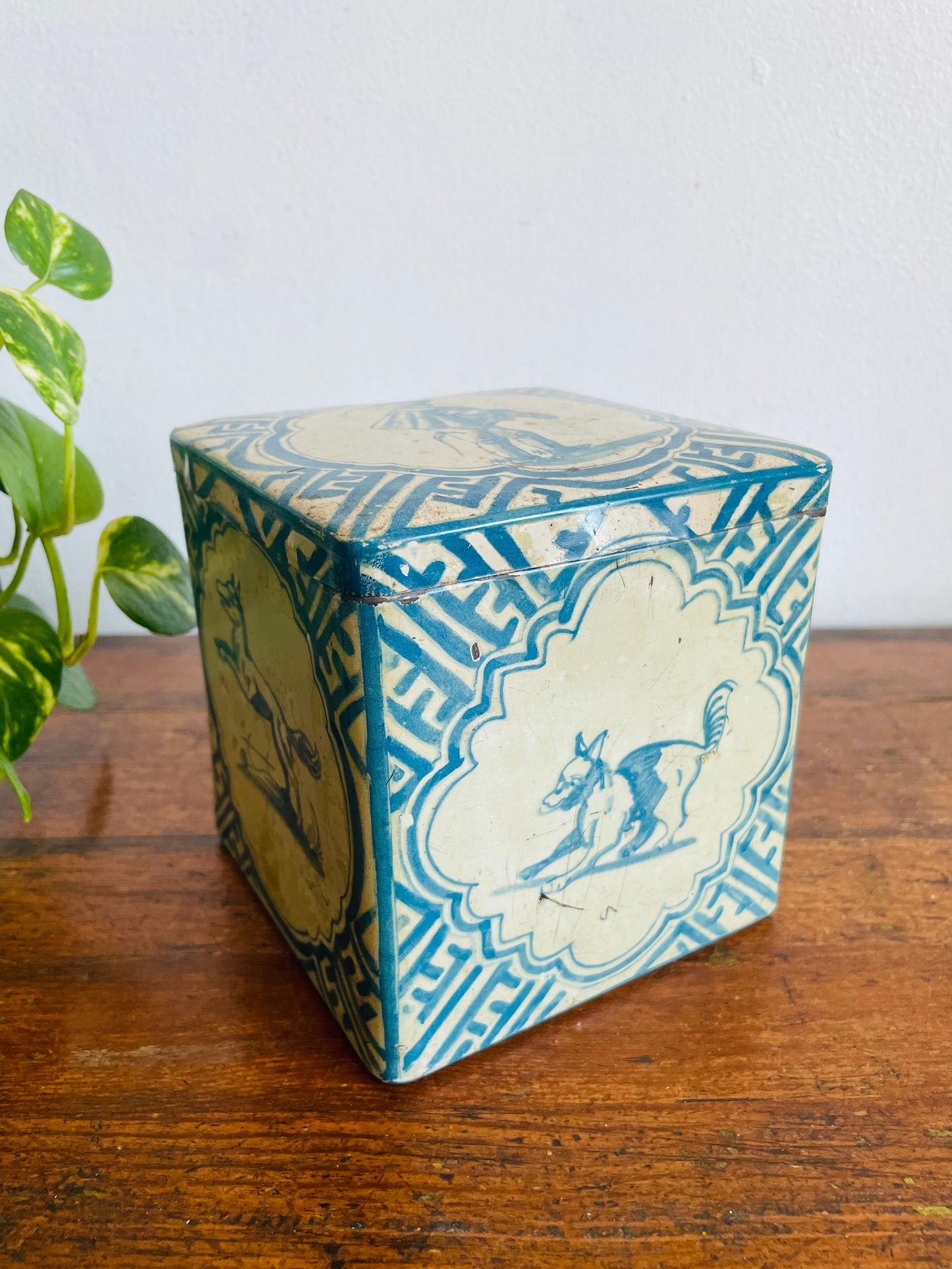 Vintage 1920s Blue & White Delft Tin with Dutch Fox, Rabbit, Dog & Man Design