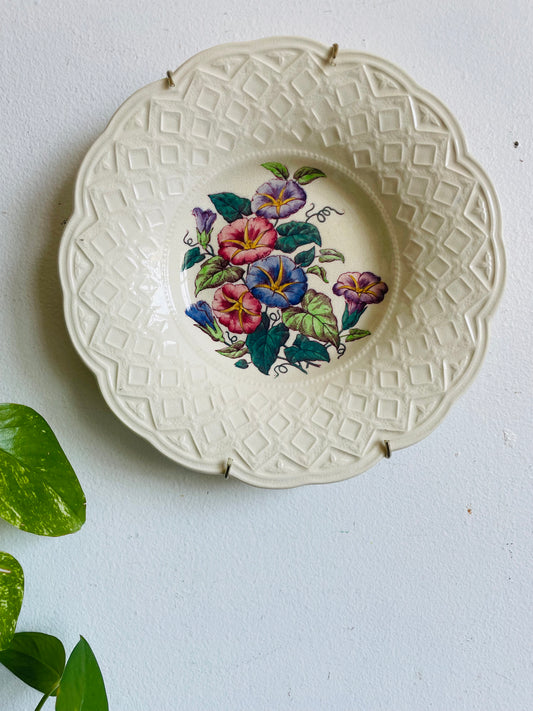 Vintage 1940s Morning Glory Wedgwood Etruria England Bowl Dish with Flower Design - Includes Wall Plate Hanger but Could Use Without