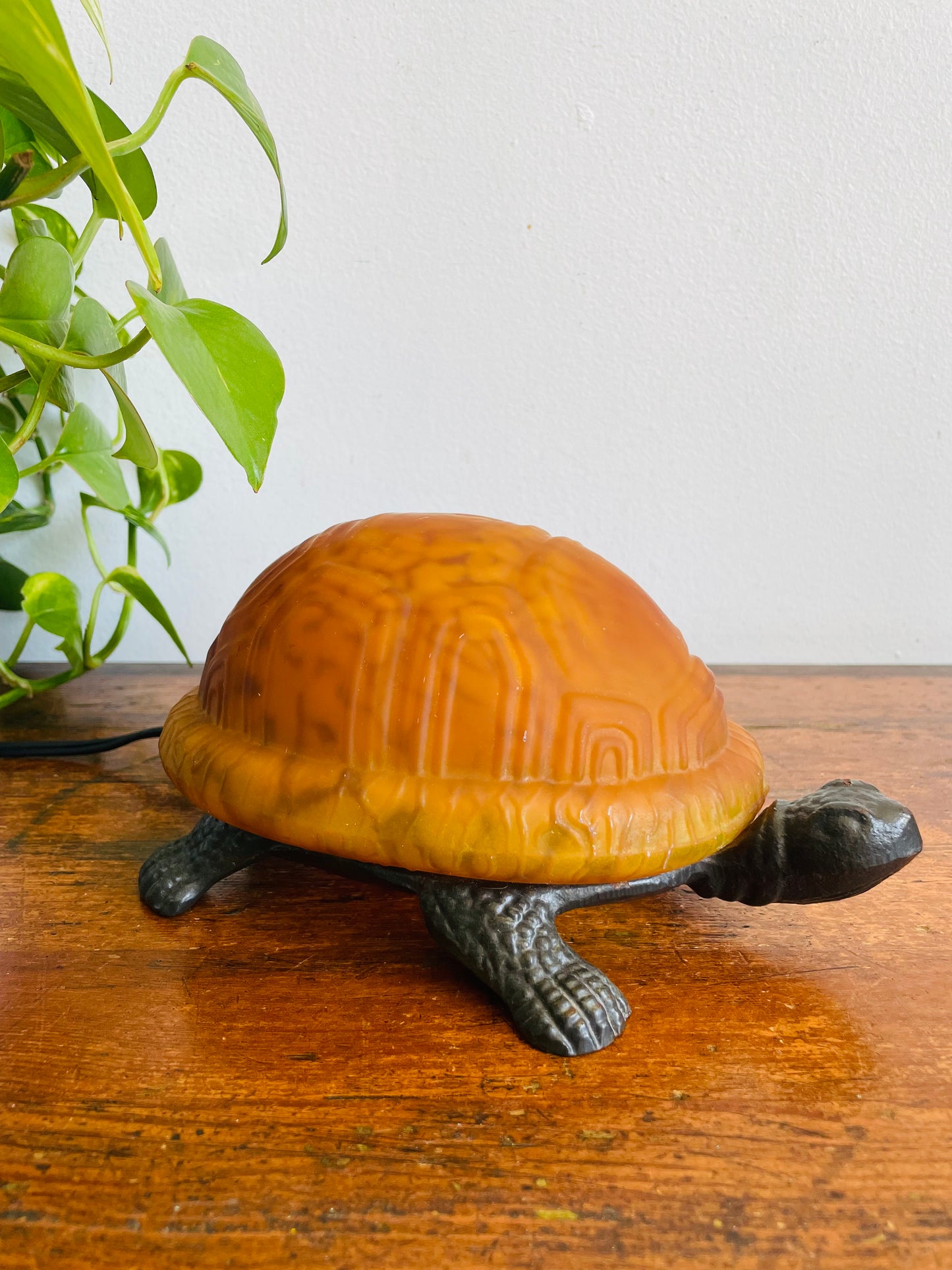 Vintage Cast Metal & Amber Glass Turtle Lamp - Tested / Works!