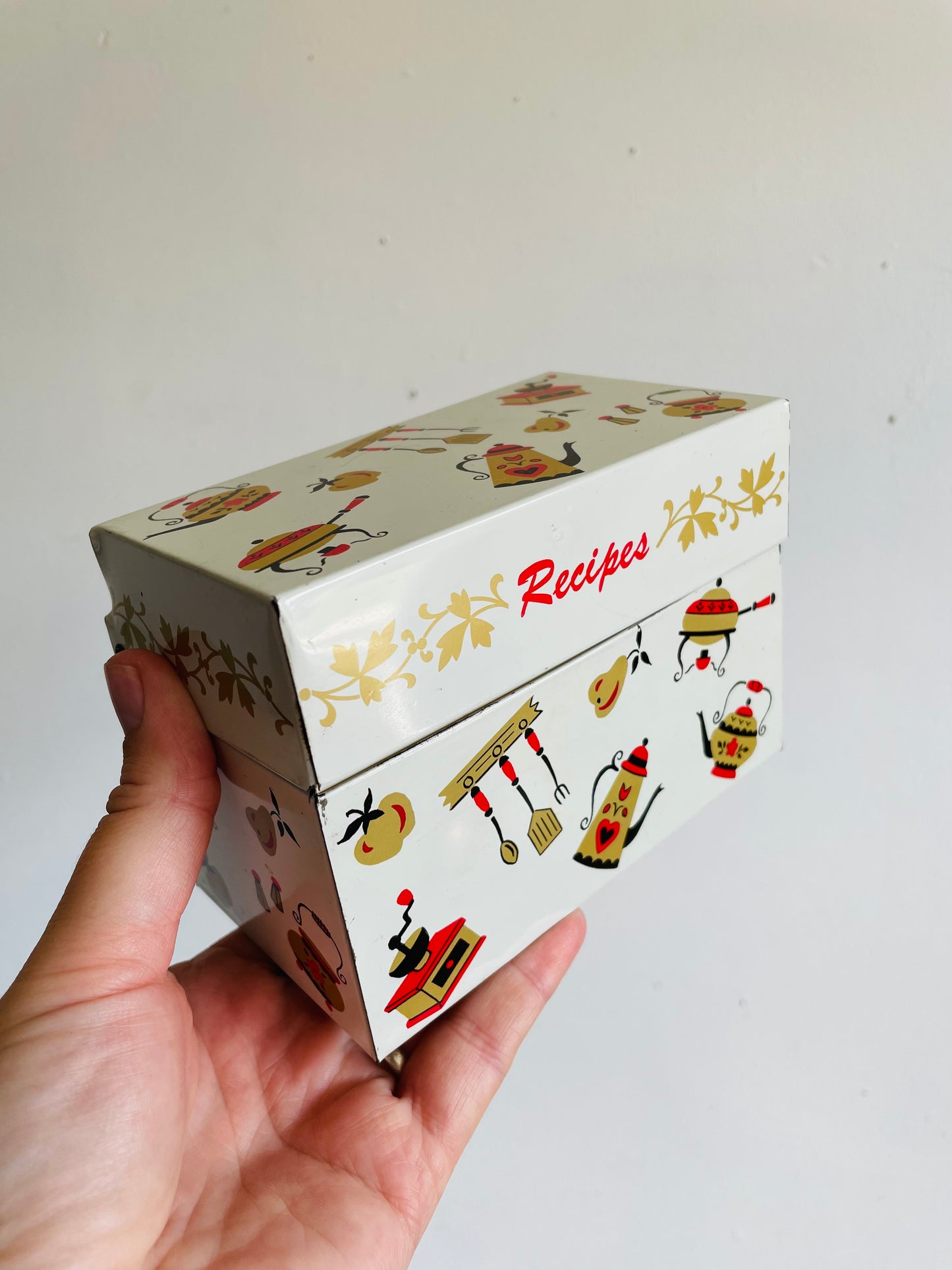 Vintage Ohio Art Co. White Metal Recipe Tin Box with Hinged Lid - Full of Category Dividers & Recipes - Made in Bryan, Ohio USA