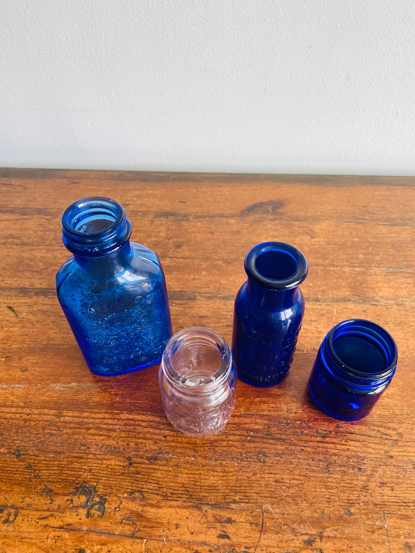 Instant Collection of Cobalt Blue & Clear Medicinal Glass Bottles - Set of 4 - Milk of Magnesia, Bromoseltzer, Vaseline & Vicks