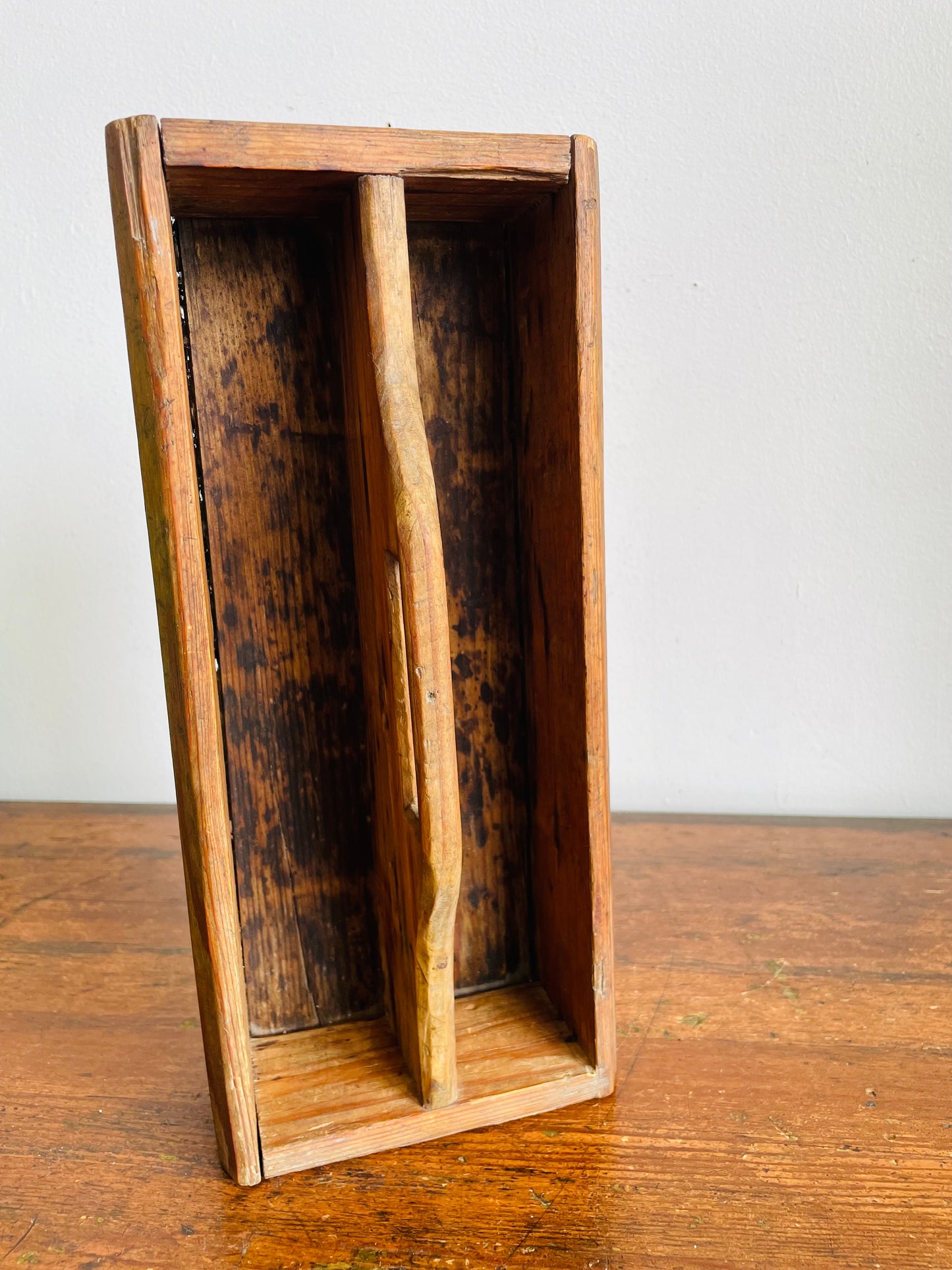 Vintage Divided Wood Caddy Crate Tray Box with Handle & Rustic Patina - As-Is