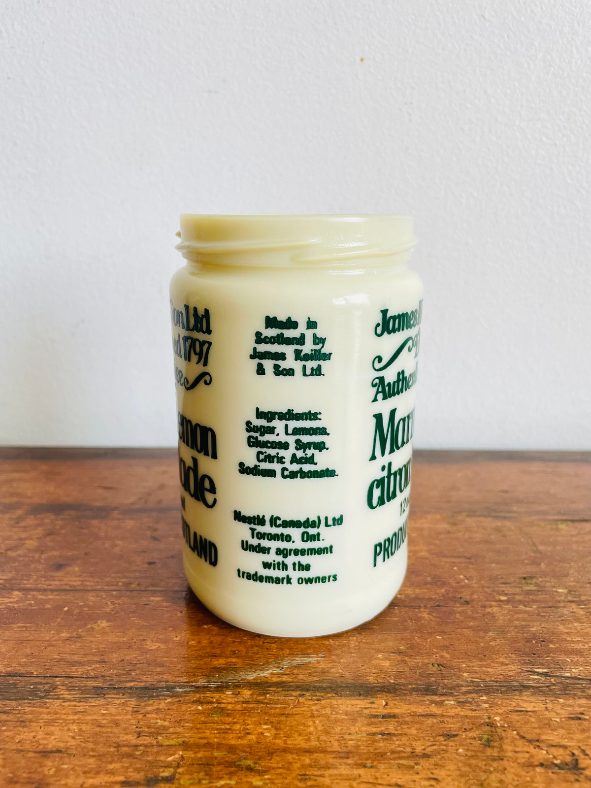 Vintage James Keiller & Son Ltd. Roughcut Lemon Marmalade Milk Glass Jar - Green Font In English & French for Canadian Distribution - Product of Scotland